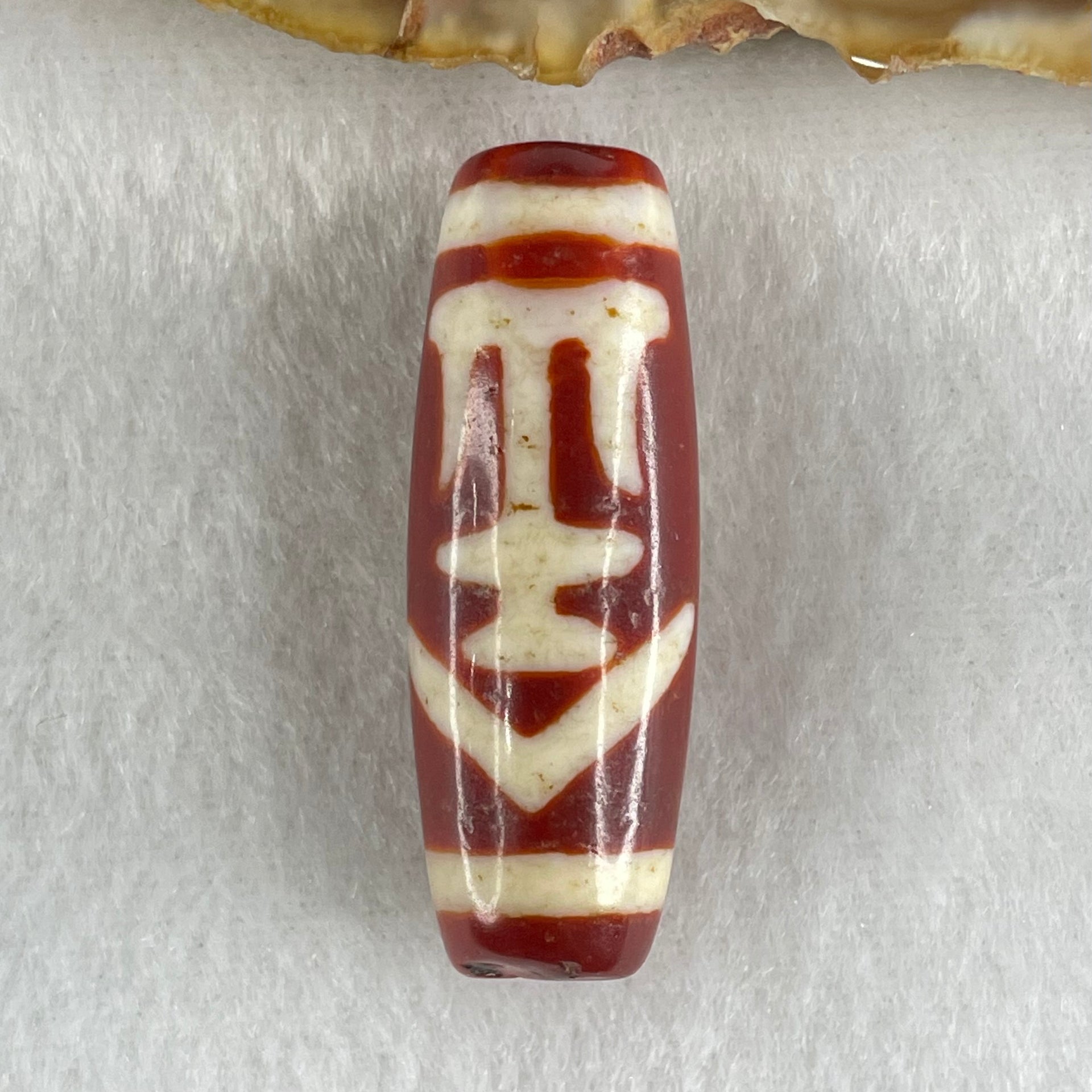 Natural Powerful Tibetan Old Oily Red White Agate One Eye Gold Metal Element Dzi Bead Heavenly Master (Tian Zhu) 一眼金天珠 10.81g 38.0 by 13.5mm - Huangs Jadeite and Jewelry Pte Ltd