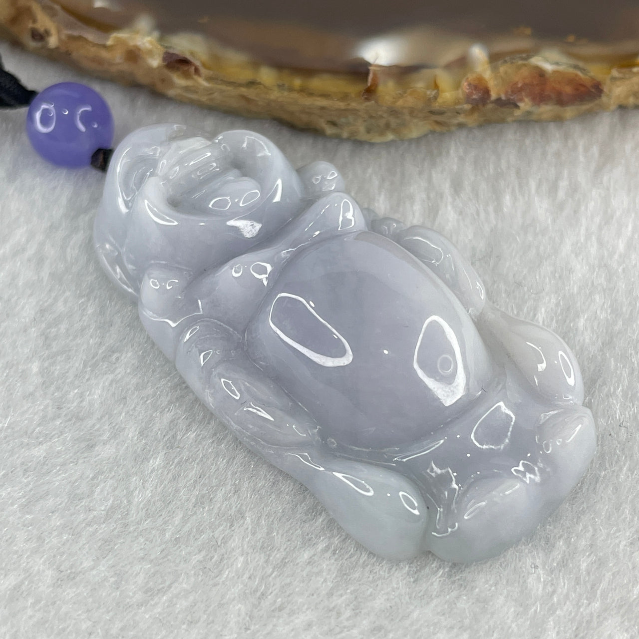 Natural Type A Full Light Lavender Jadeite Standing Milo Buddha Pendant 28.21g 51.3 by 25.3 by 11.5mm