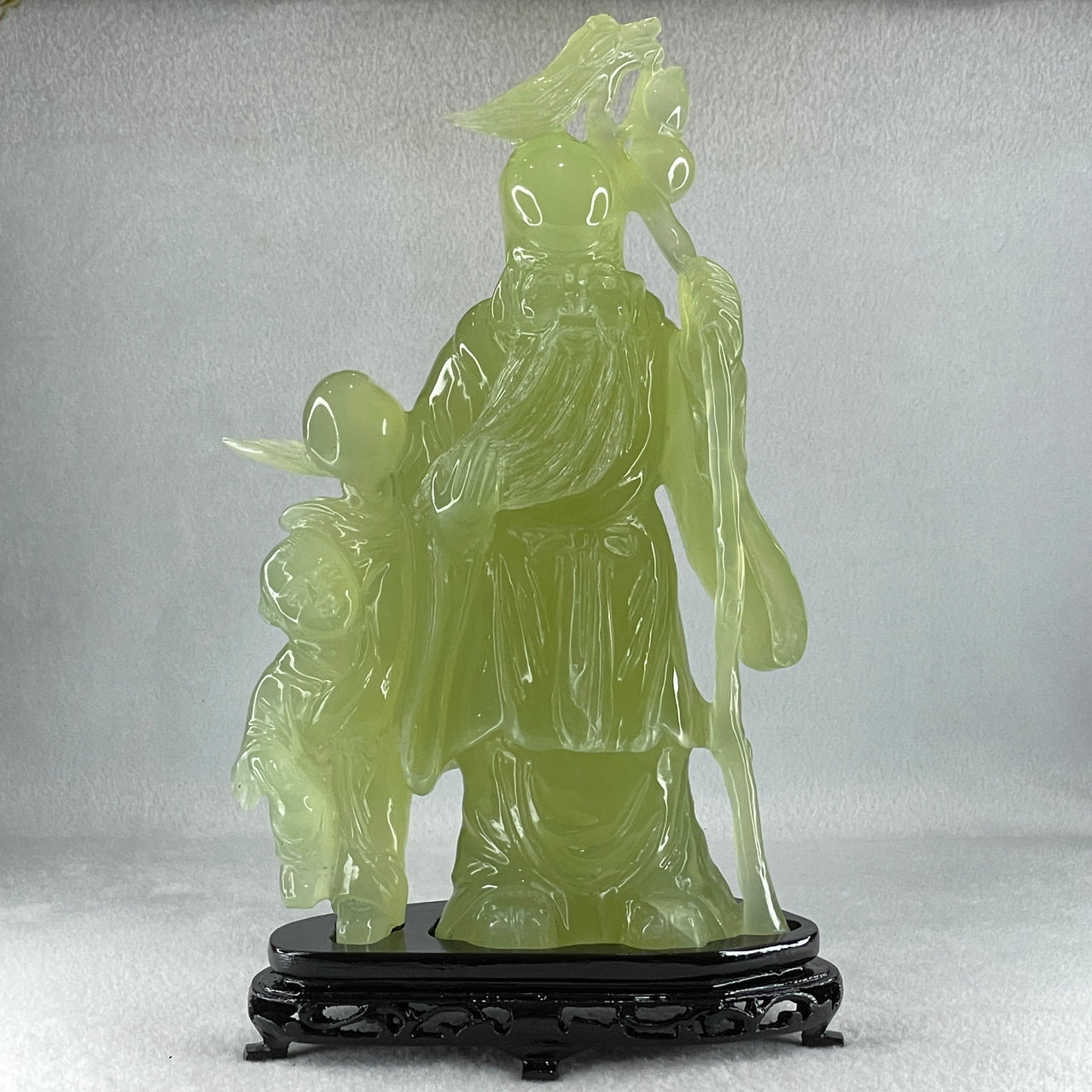 Natural Green Serpentine Shou Xing Gong and Tong Zi with Wooden Stand Display 1,535.1g 160.0 by 276.0 by 68.0mm - Huangs Jadeite and Jewelry Pte Ltd