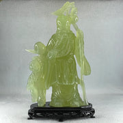 Natural Green Serpentine Shou Xing Gong and Tong Zi with Wooden Stand Display 1,535.1g 160.0 by 276.0 by 68.0mm - Huangs Jadeite and Jewelry Pte Ltd