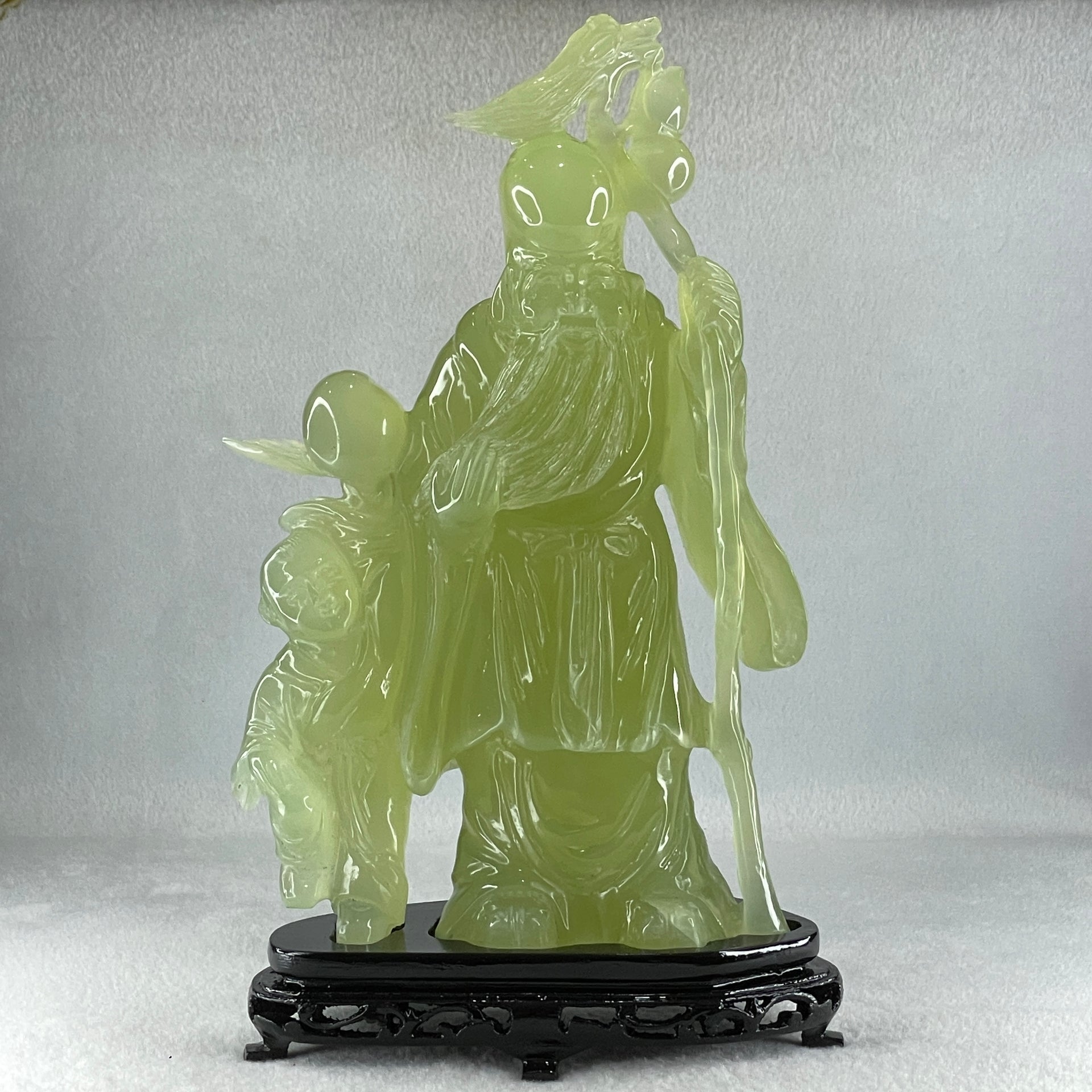 Natural Green Serpentine Shou Xing Gong and Tong Zi with Wooden Stand Display 1,535.1g 160.0 by 276.0 by 68.0mm - Huangs Jadeite and Jewelry Pte Ltd