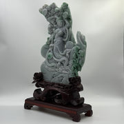Type A Lavender and Green with Spicy Green Spots 仙女 with Wooden Stand Display Piece 3.38kg Dimensions with Stand 43 by 27 by 10cm Jadeite Dimensions 31 by 22 by 3cm - Huangs Jadeite and Jewelry Pte Ltd