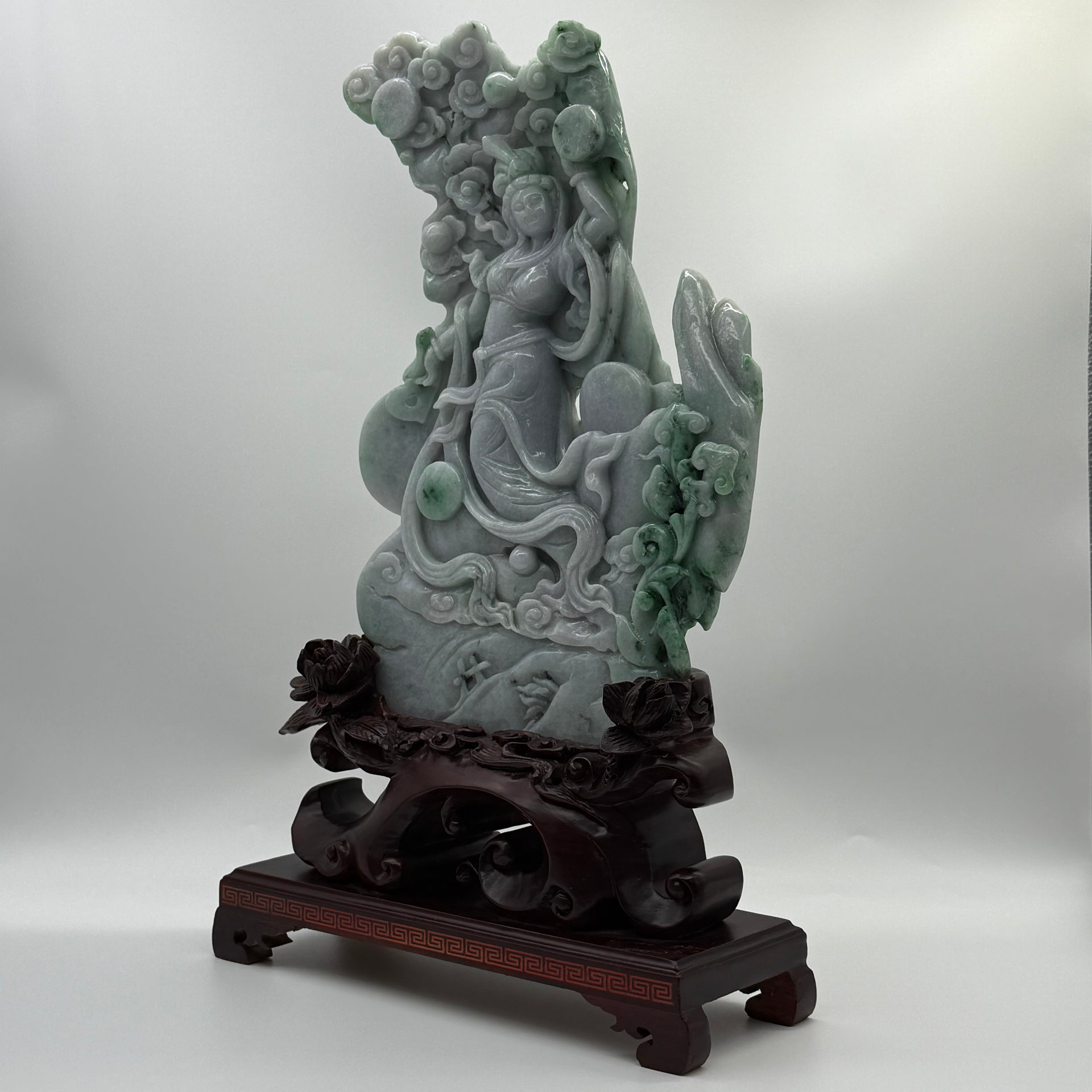 Type A Lavender and Green with Spicy Green Spots 仙女 with Wooden Stand Display Piece 3.38kg Dimensions with Stand 43 by 27 by 10cm Jadeite Dimensions 31 by 22 by 3cm - Huangs Jadeite and Jewelry Pte Ltd
