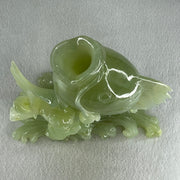 Natural Green Serpentine Carp Fish with Gui ren and Lotus with Wooden Stand Display 2277.9g 215.0 by 120.0 by 250.0mm - Huangs Jadeite and Jewelry Pte Ltd