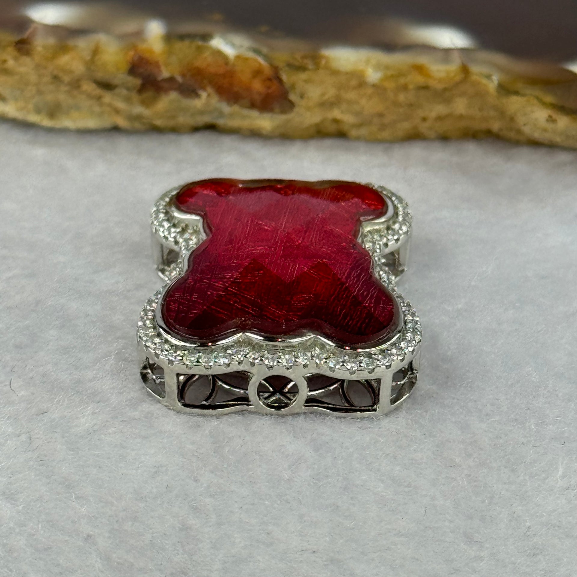 Natural Meteorite Bear Charm in S925 Silver with Crystals For Necklace / Bracelet (Red Color) 7.54g 26.3 by 21.3 by 8.5mm - Huangs Jadeite and Jewelry Pte Ltd