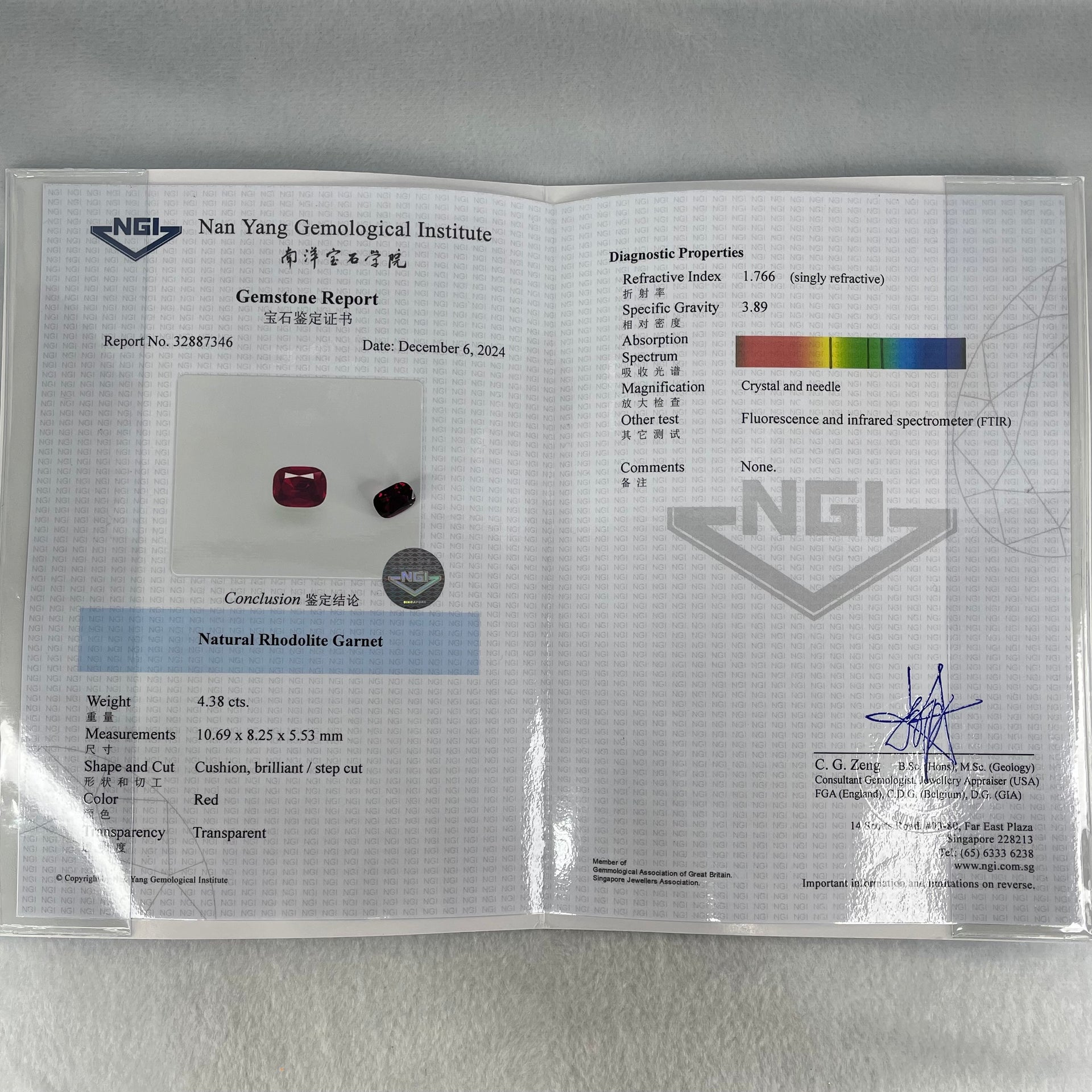 Natural Red Rhodolite Garnet Stone for Setting Cushion, brilliant/step cut 4.38cts 10.69 by 8.25 by 3.53mm NGI Cert No:32887346 - Huangs Jadeite and Jewelry Pte Ltd