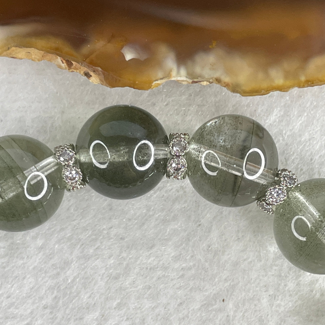 Natural Good Grade Green Phantom Quartz Bracelet | 16.5cm Standard Strand | 14-Piece 11.8mm "Mountain Peak" Abundance & Wealth Talisman with Silver Charm Accents (34.76g)