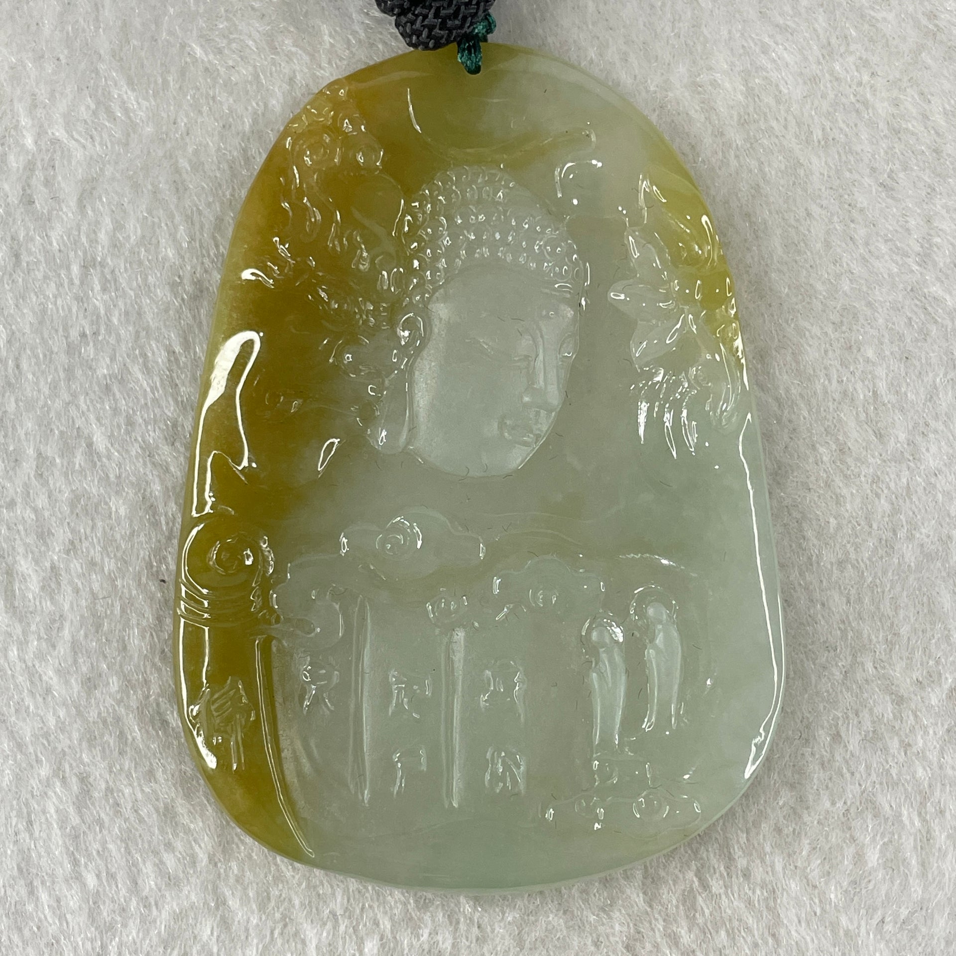 Grand Master Type A Faint Blueish Green with Yellowish Brown Jadeite Good Vs Evil Pendant 22.60g 60.3 by 43.3 by 4.0mm - Huangs Jadeite and Jewelry Pte Ltd