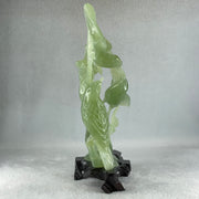 Natural Green Serpentine 3 Magpie Birds on Tree with Wooden Stand Display 569.6g 141.0 by 242.0 by 78.0mm - Huangs Jadeite and Jewelry Pte Ltd