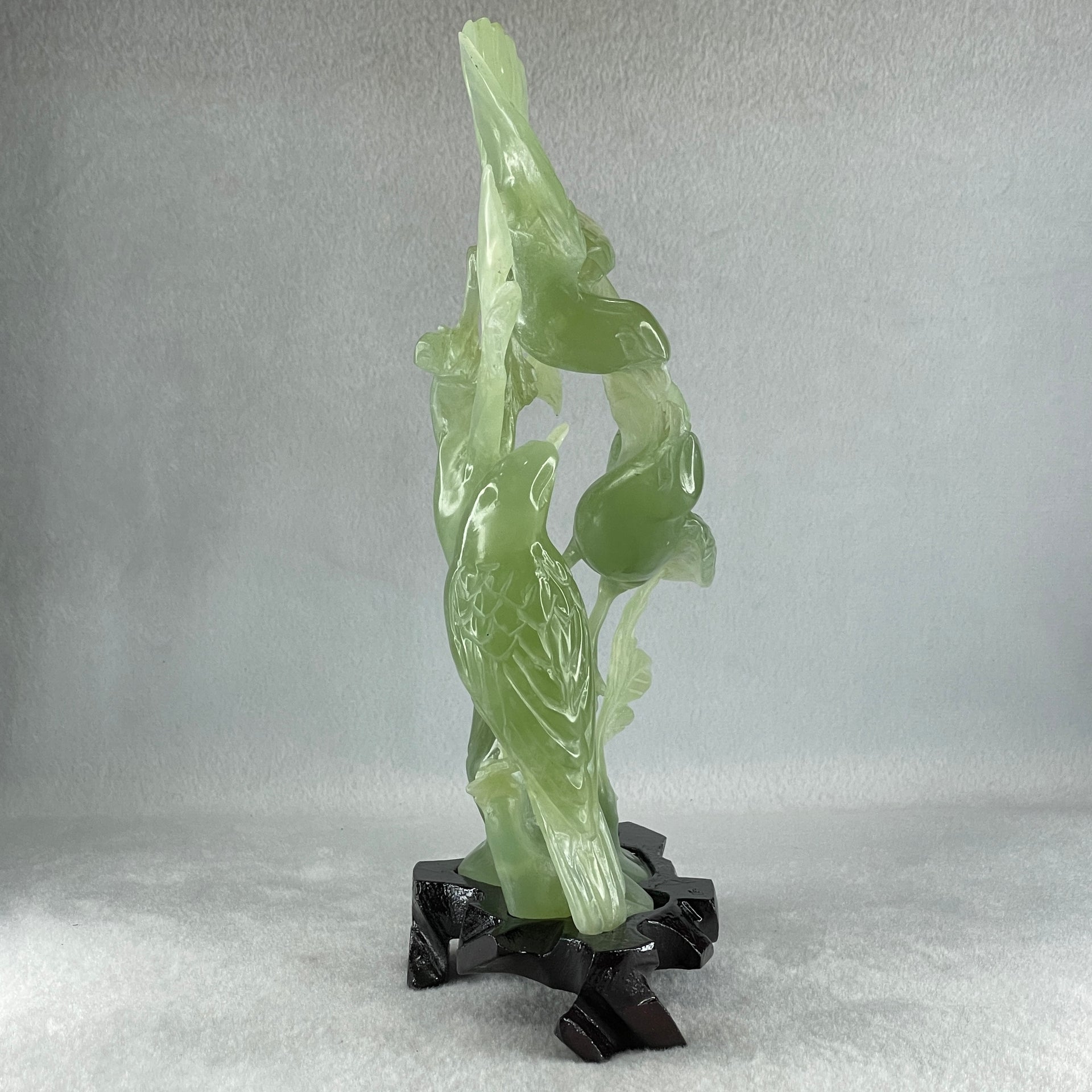 Natural Green Serpentine 3 Magpie Birds on Tree with Wooden Stand Display 569.6g 141.0 by 242.0 by 78.0mm - Huangs Jadeite and Jewelry Pte Ltd