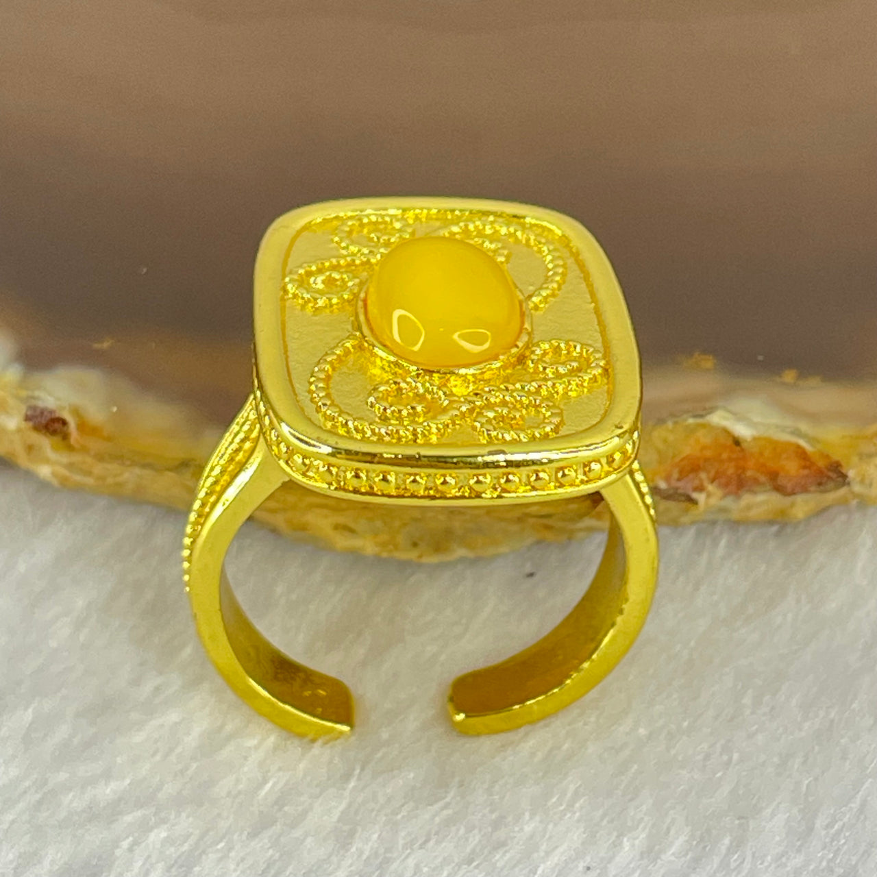Natural Butterscotch Amber in  Sliver Gold Color Ring (Adjustable Size) 7.47g 10.1 by 6.8 by 3.5mm - Huangs Jadeite and Jewelry Pte Ltd