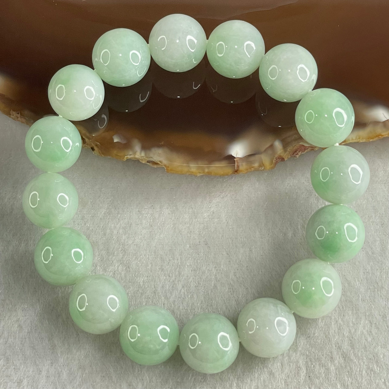 Type A Light Green Jadeite Beads Bracelet 54.51g 16cm 12.7mm 16 Beads - Huangs Jadeite and Jewelry Pte Ltd
