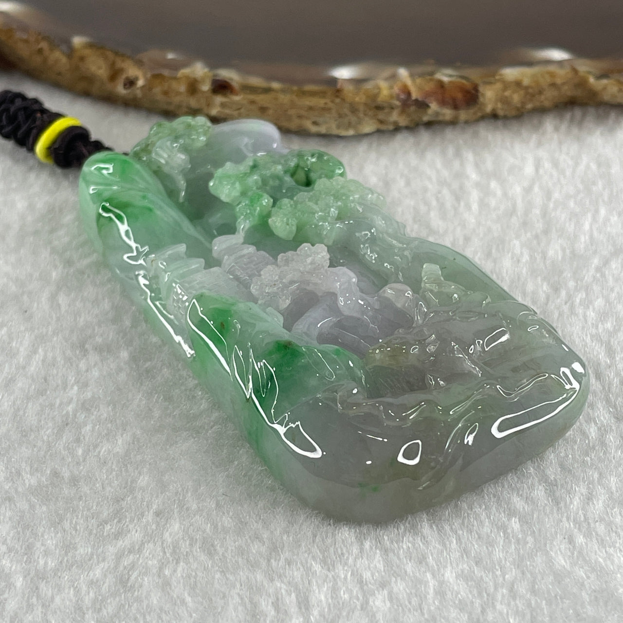 Type A Jelly Lavender and Spicy Green Piao Hua Jadeite Shan Shui and Benefactor 87.19g 79.4 by 40.7 by 11.7mm