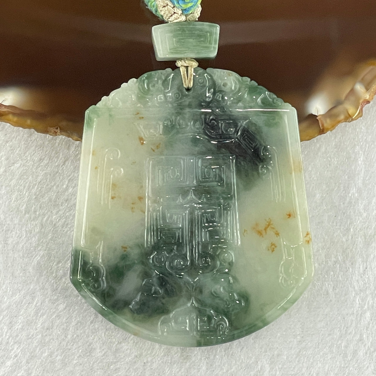 Natural Type A Light Dark Green with Red Spots Jadeite Pixiu Pair Lucky Charm for Luck, Wealth and Protection Pendant 36.74g 52.6 by 45.6 by 5.6mm