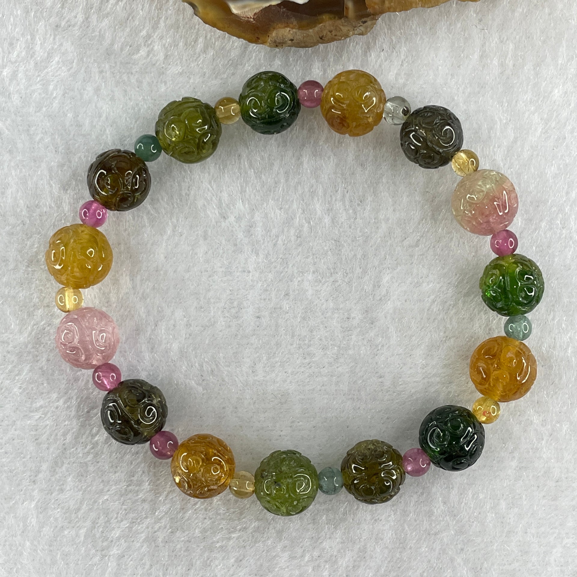 Good Grade Natural Tourmaline Crystal Beads Bracelet 15.43g 14cm 8.7mm 15Beads - Huangs Jadeite and Jewelry Pte Ltd