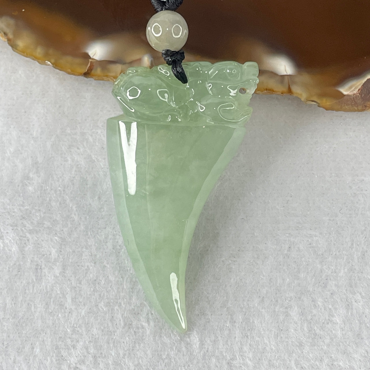 Certified Natural Type A Semi-Icy Light Green Jadeite Tiger Tooth Pixiu Pendant | Masterpiece Three-Dimensional Hand-Carving | Massive Myanmar Feicui Wealth Lock & Supreme Sovereign Protection Monolith (24.36g | 46.0x25.4x13.9mm)