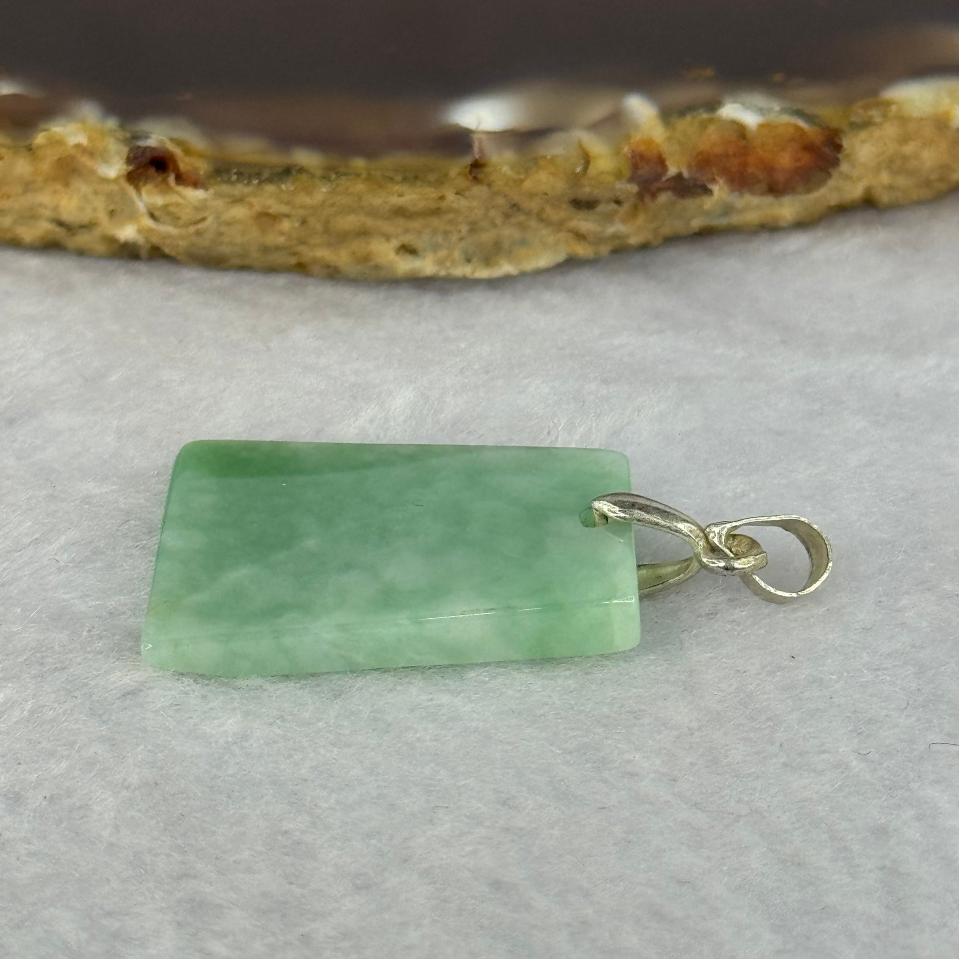 Type A Green Jadeite Wu Shi Pai in S925 Silver Clasp 3.78g 24.7 by 19.4 by 3.2mm - Huangs Jadeite and Jewelry Pte Ltd