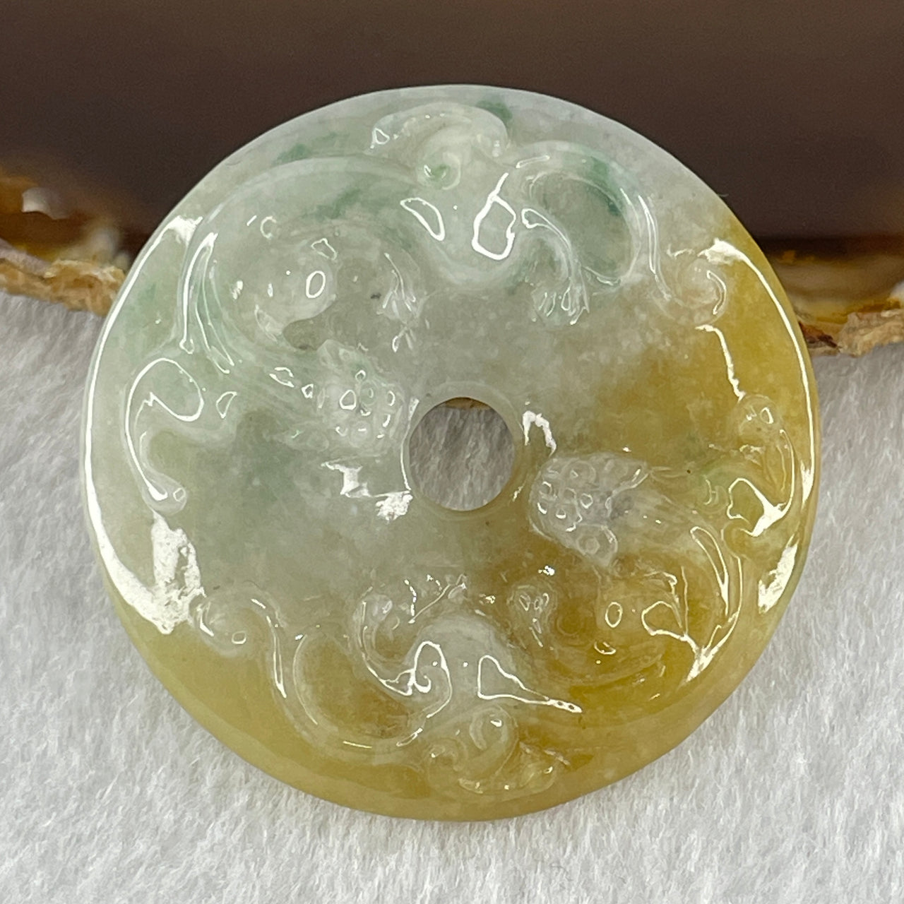 Natural Type A Light Green Wuji Grey with Yellow Jadeite Double Sided Twin Pixiu Ping An Kou Pendant 21.51g 40.8 by 10.2mm