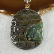 Brown and blue-green jadeite pendant with carved enlightenment motif on plain background