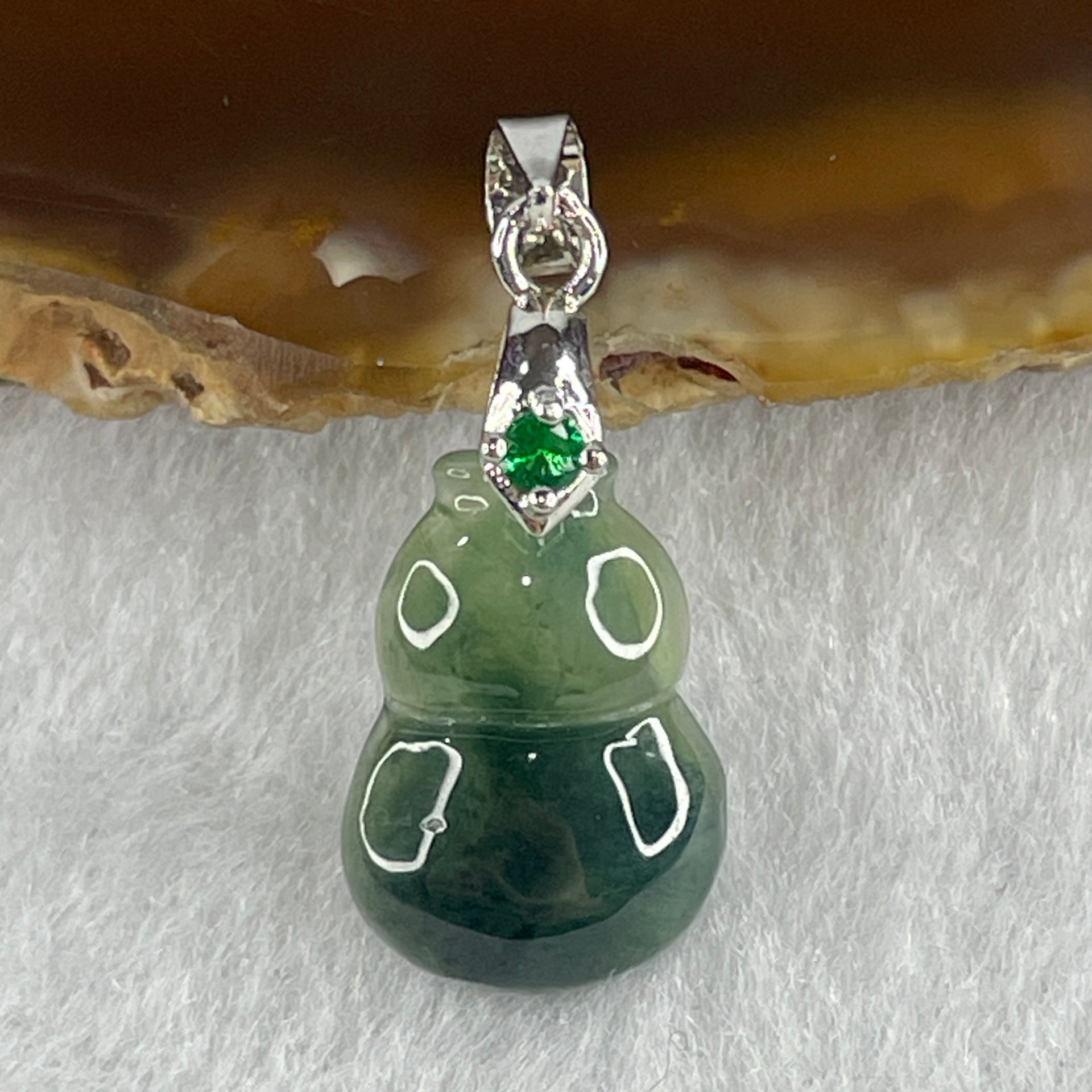 Natural Type A Semi Icy Dark Green Jadeite Calabash Hulu Pendant in Stainless Steel Clasp 1.69g 17.1 by 11.6 by 3.9mm - Huangs Jadeite and Jewelry Pte Ltd
