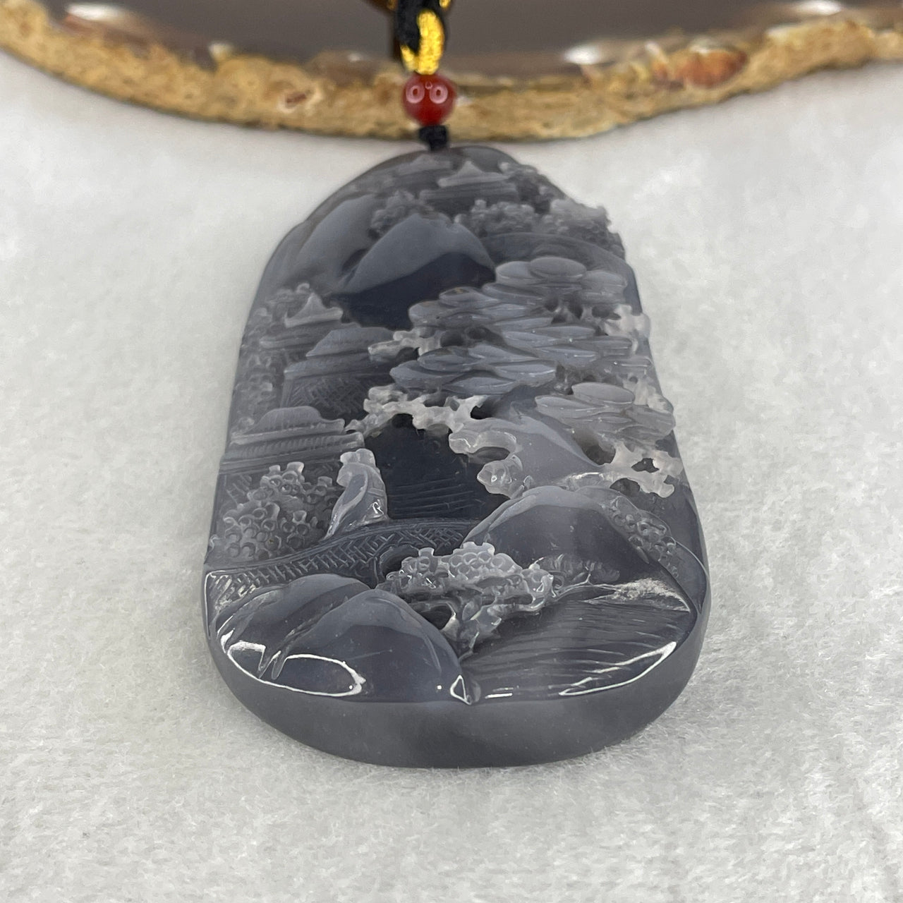 Certified Natural Nephrite Pendant 72.00g - 90.8x43.0x11.2mm - Purplish Grey Shan Shui Scenic with Gui Ren - Grade A Untreated Nephrite Jade Art