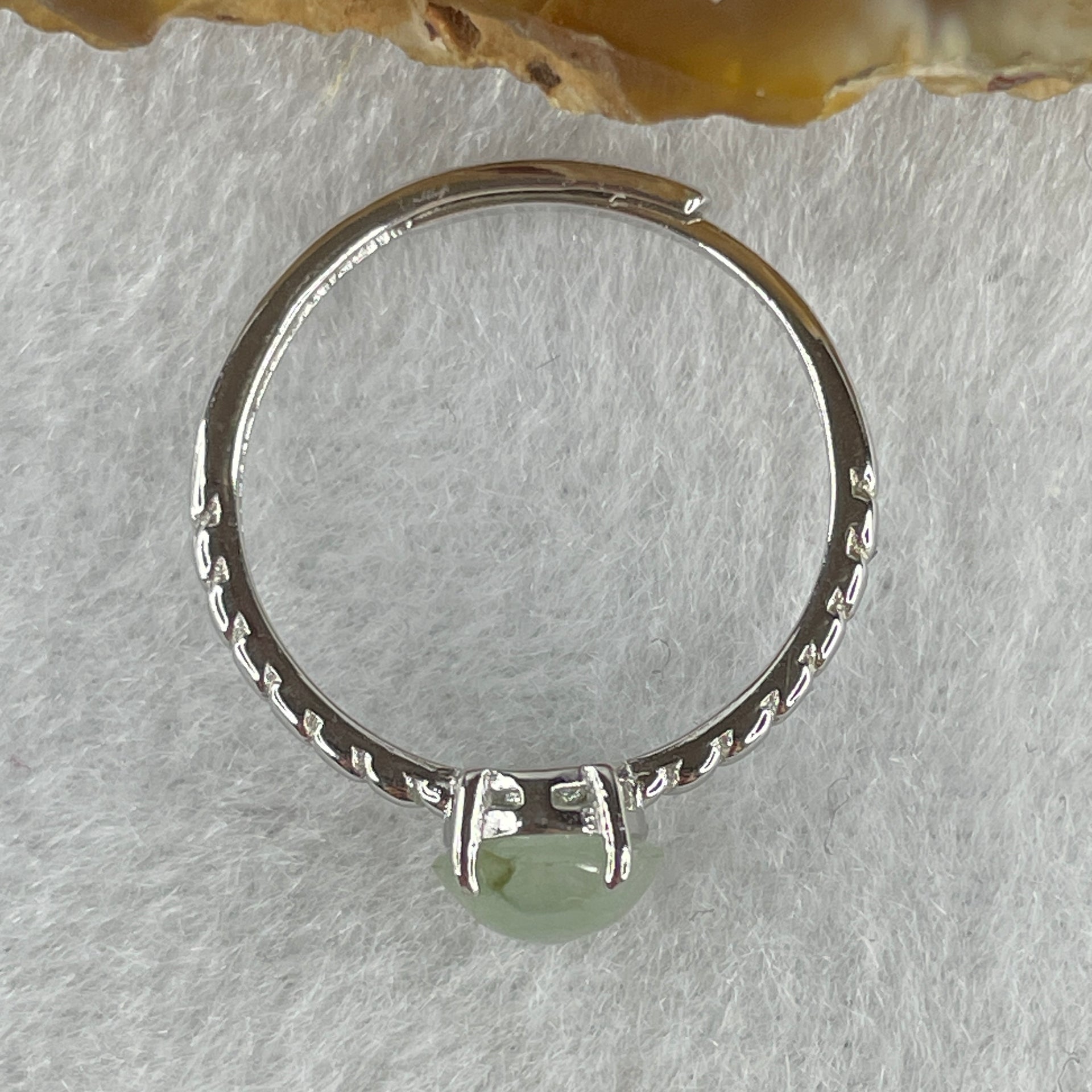 Natural Type A Semi Icy Faint Green Jadeite Oval Shape Cabouchon in S925 Silver Ring (Adjustable Size) 1.47g 7.4 by 6.5 by 4.5mm - Huangs Jadeite and Jewelry Pte Ltd