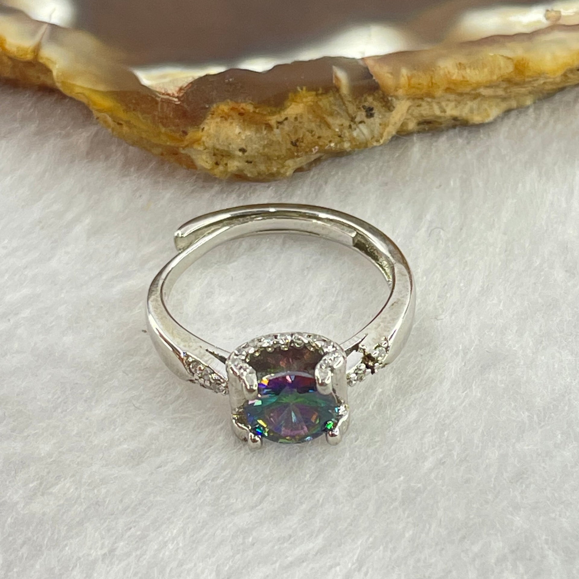 Purple Green Cubic Zirconia 6.4 by 3.8mm with Crystals In S925 Sliver Ring (Adjustable Size) 2.73g - Huangs Jadeite and Jewelry Pte Ltd