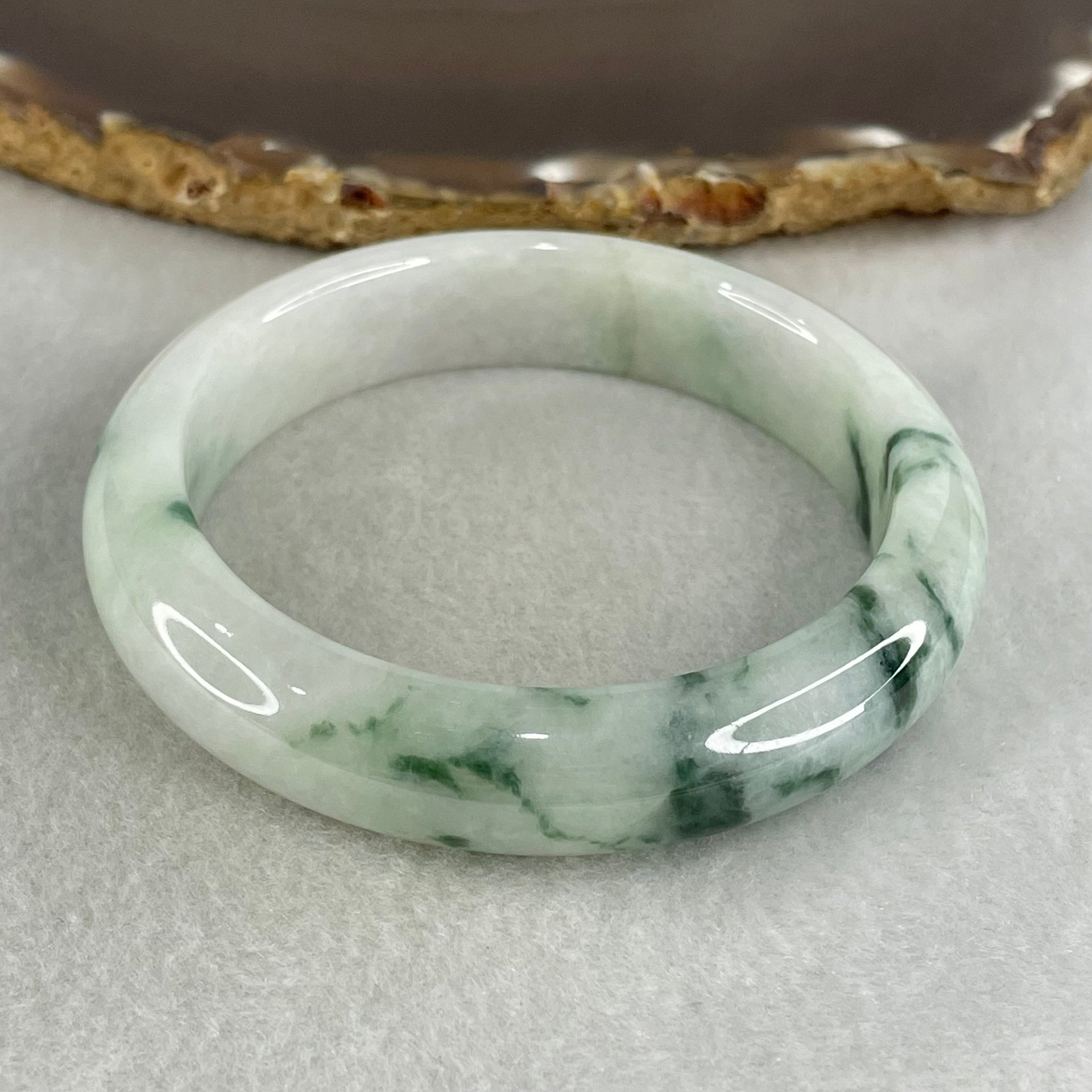 Type A Light Green Light Lavender with Green piao Hua Floral Jadeite Bangle 55.86g Inner Diameter 55.2mm 13.0 by 8.9mm (Very Slight Internal Lines) - Huangs Jadeite and Jewelry Pte Ltd