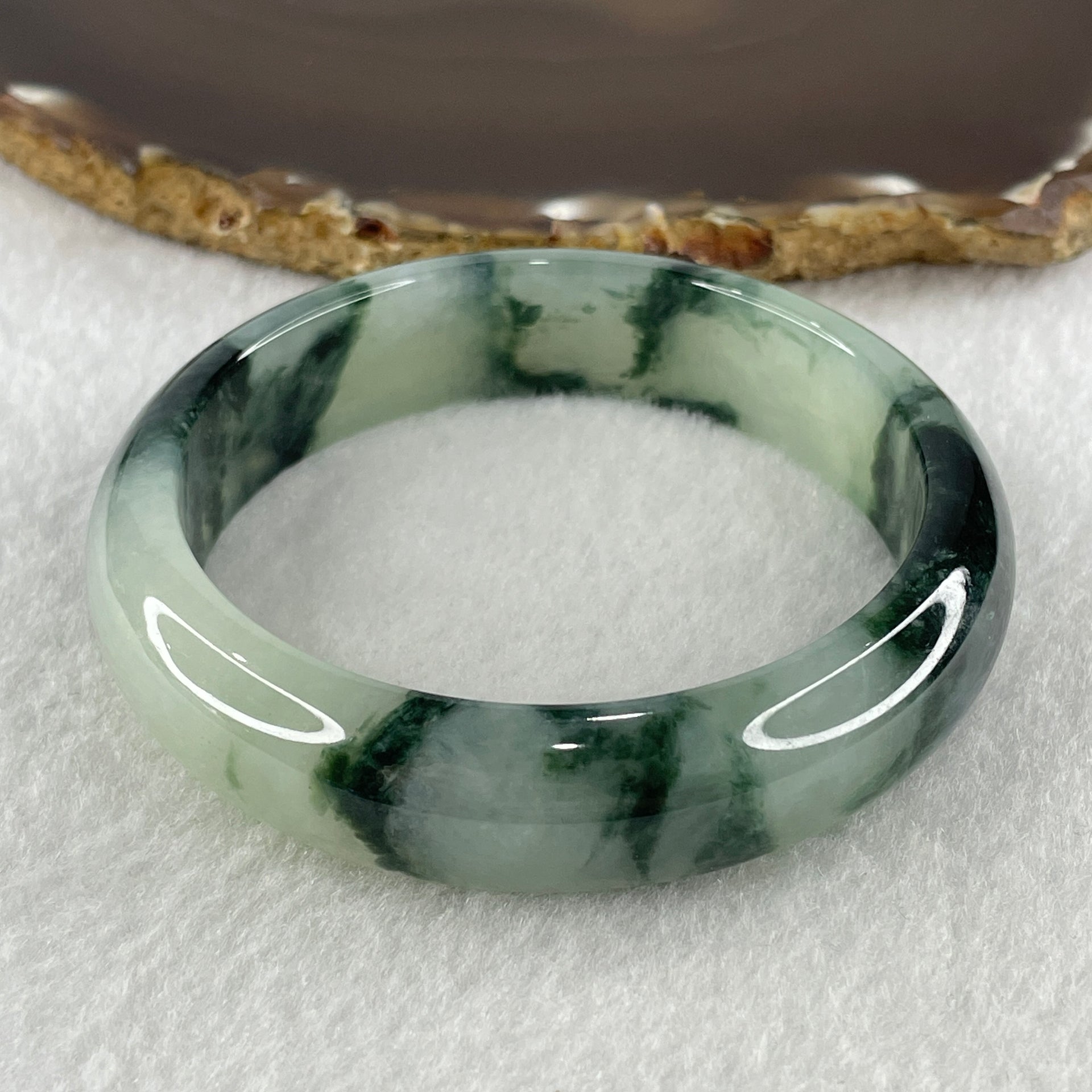 Certified Type A Natural Jelly Light Green with Dark Green Piao Hua Jadeite Bangle 65.93g Inner Diameter 58.6mm 14.9 by 8.0mm (Very Very Slight Internal Line) - Huangs Jadeite and Jewelry Pte Ltd