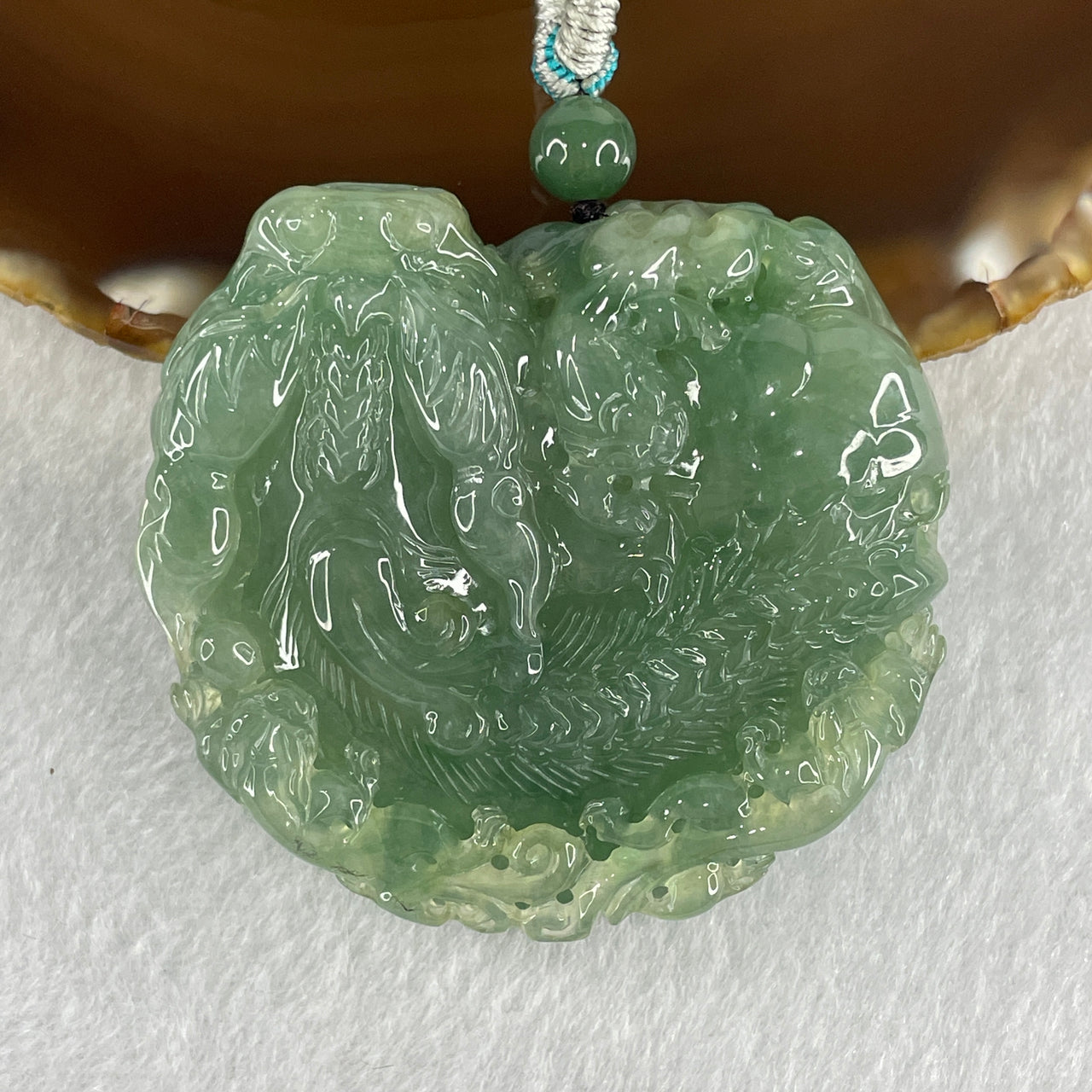 Grand Master Type A Semi Icy Light Green Jadeite Pixiu with 3 Baby Pixiu Double Side Pendant 75.67g 49.0 by 53.5 by 13.3mm