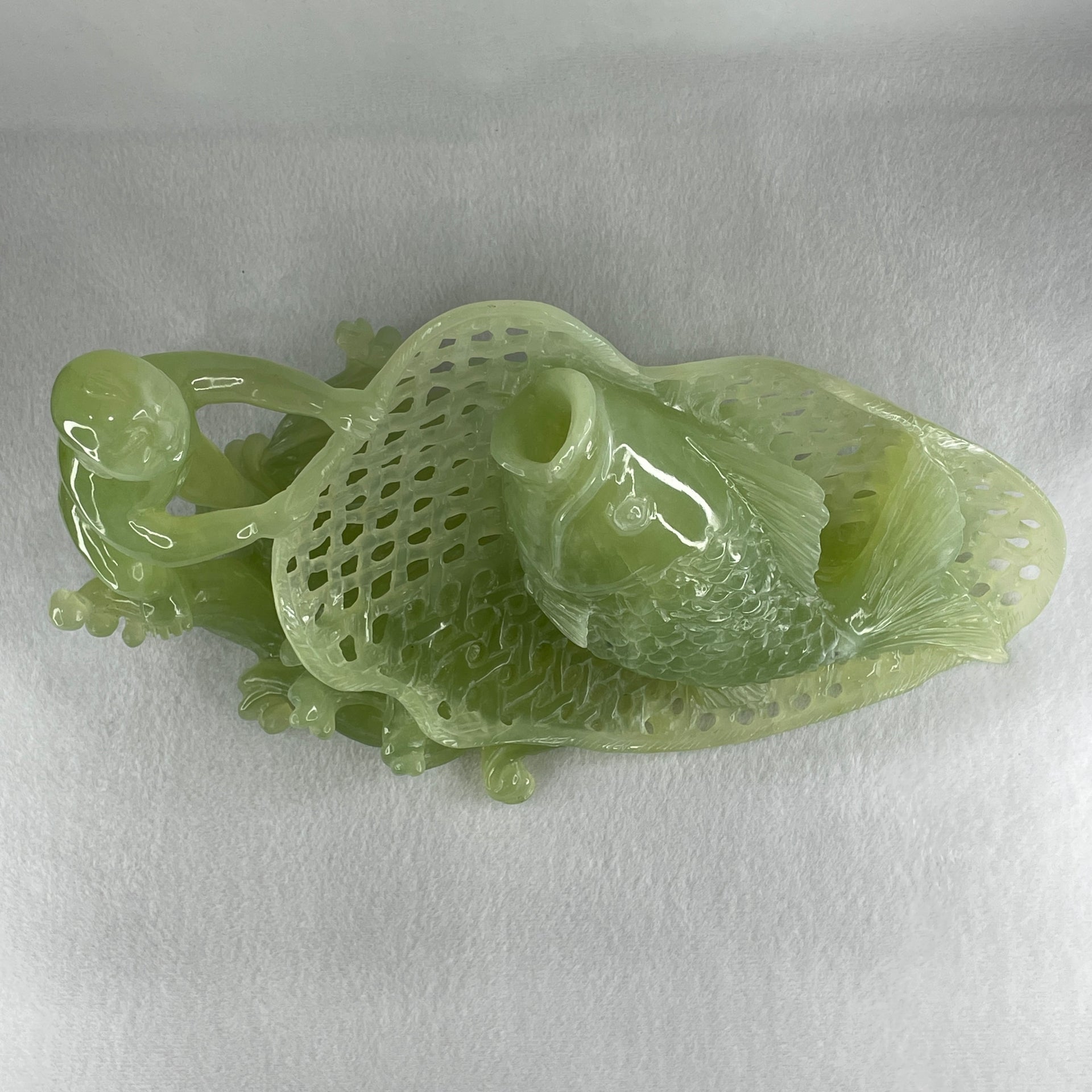 Natural Jelly Green Serpentine Tong Zhi Fishing Carp Fish Display 1,777.5g 285.0 by 150.0 by 160.0mm - Huangs Jadeite and Jewelry Pte Ltd
