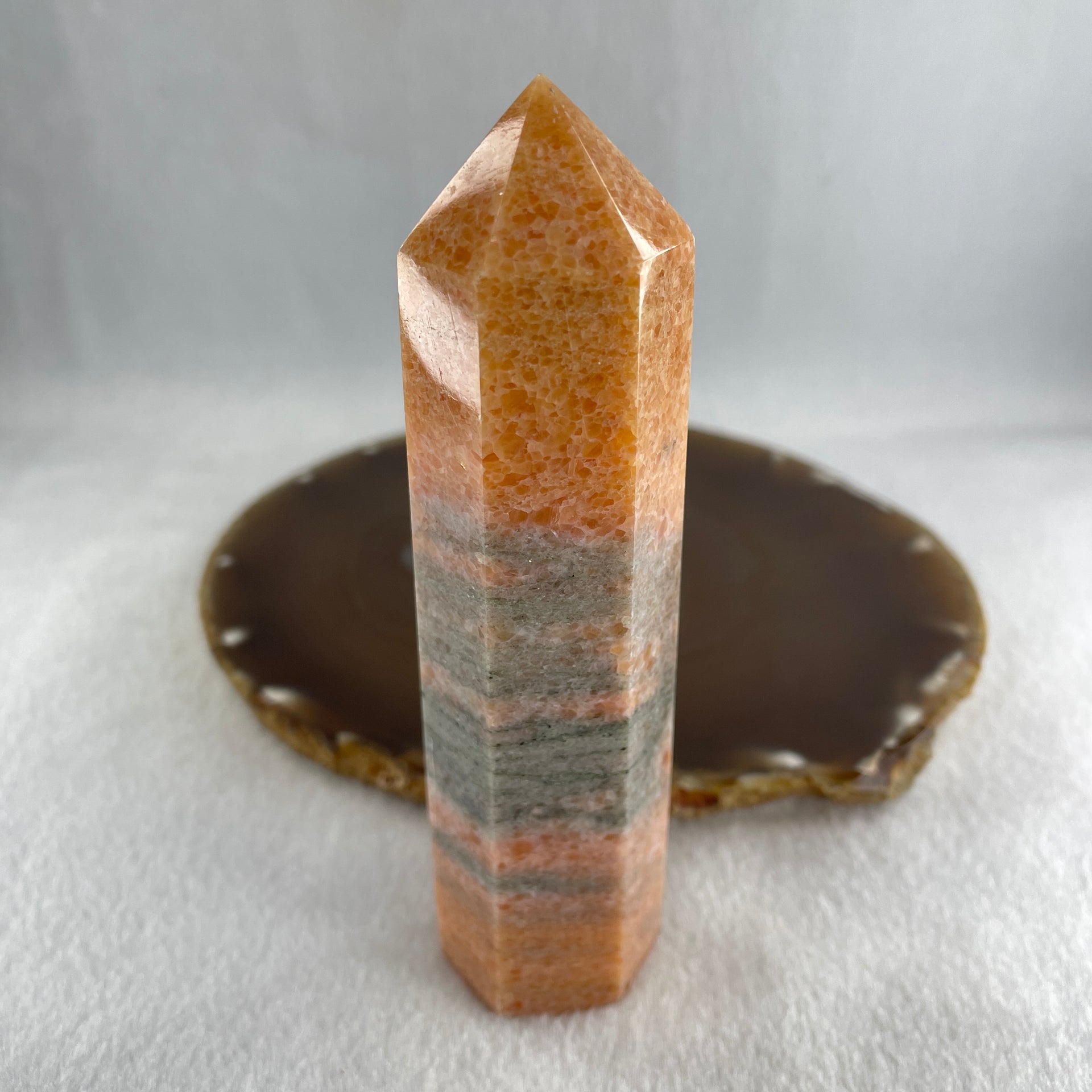 Natural Orange Calcite Quartz Tower Display 184.57g 121.2 by 31.6 by 28.1mm - Huangs Jadeite and Jewelry Pte Ltd