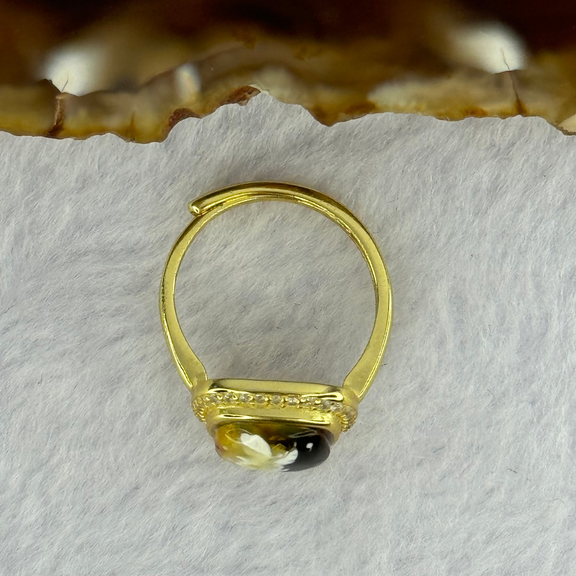 Natural Green Amber with Milk and Yellow Inclusions in S925 Sliver Gold Color Ring (Adjustable Size) 2.74g 9.0 by 3.0mm - Huangs Jadeite and Jewelry Pte Ltd