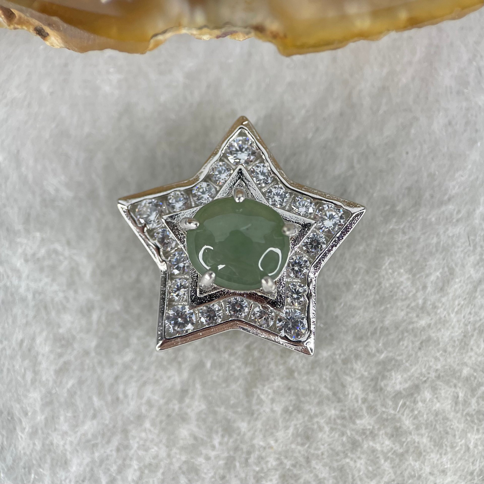 Type A Semi Icy Blueish Green Cabochon Jadeite in S925 Sliver Star with Crystal Charm 2.41g 7.8 by 6.9 by 3.5mm - Huangs Jadeite and Jewelry Pte Ltd