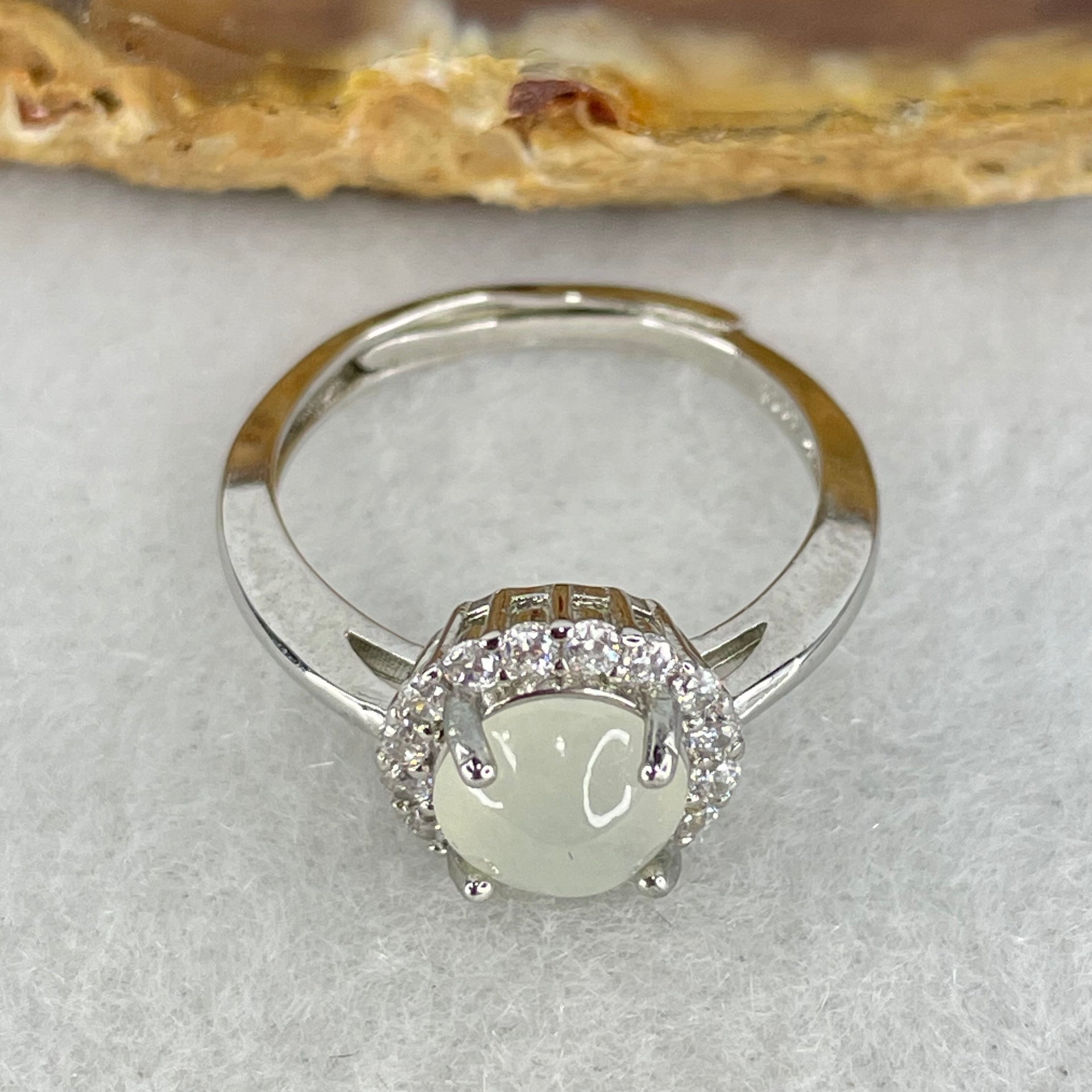 Type A Semi Icy Faint Green Jadeite Cabochon in S925 Sliver Ring (Adjustable Size) 2.04g 6.5 by 4.0mm - Huangs Jadeite and Jewelry Pte Ltd