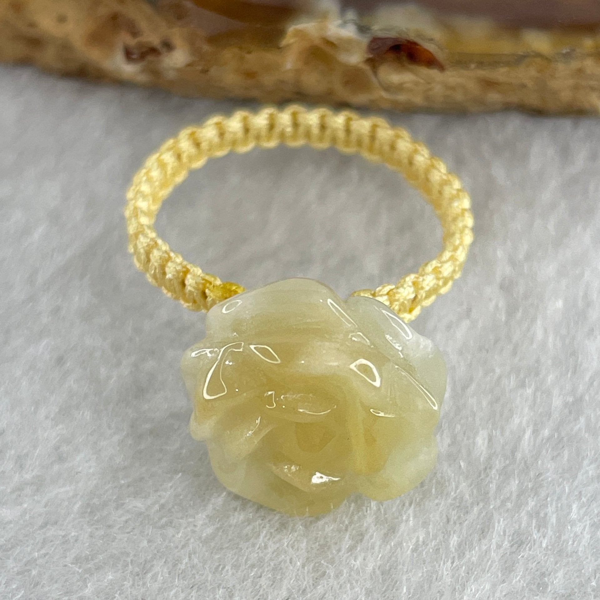 Natural Type A Light Yellow Jadeite Flower String Elastic Ring 2.75g 13.7 by 14.2 by 7.7mm US 7 HK 16.5 - Huangs Jadeite and Jewelry Pte Ltd