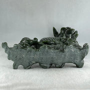 Natural Dark Green Serpentine Double Carp Fish with Gui ren and Lotus and Twin Ducks with Wooden Stand Display 2,032.7g 242.0 by 95.0 by 263.0mm - Huangs Jadeite and Jewelry Pte Ltd