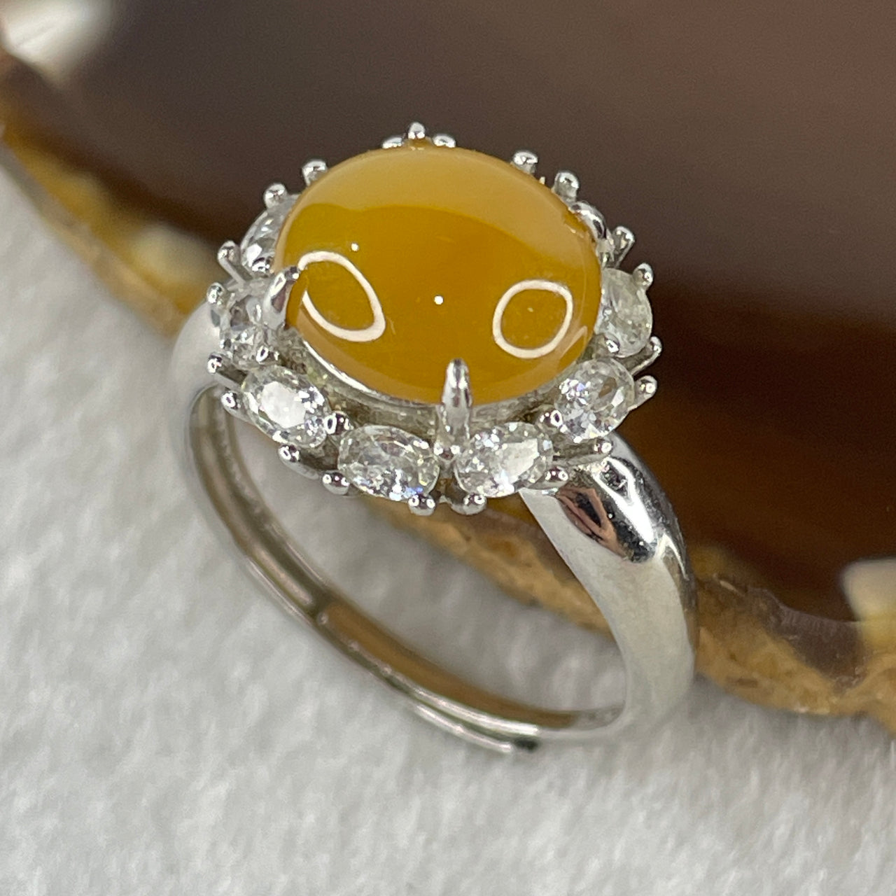 Certified Natural Type A Yellow Jadeite Round Shape Cabouchon with Cubic Zirconia in S925 Silver Ring (Adjustable Size) 3.23g 8.7 by 9.7mm 4.0mm