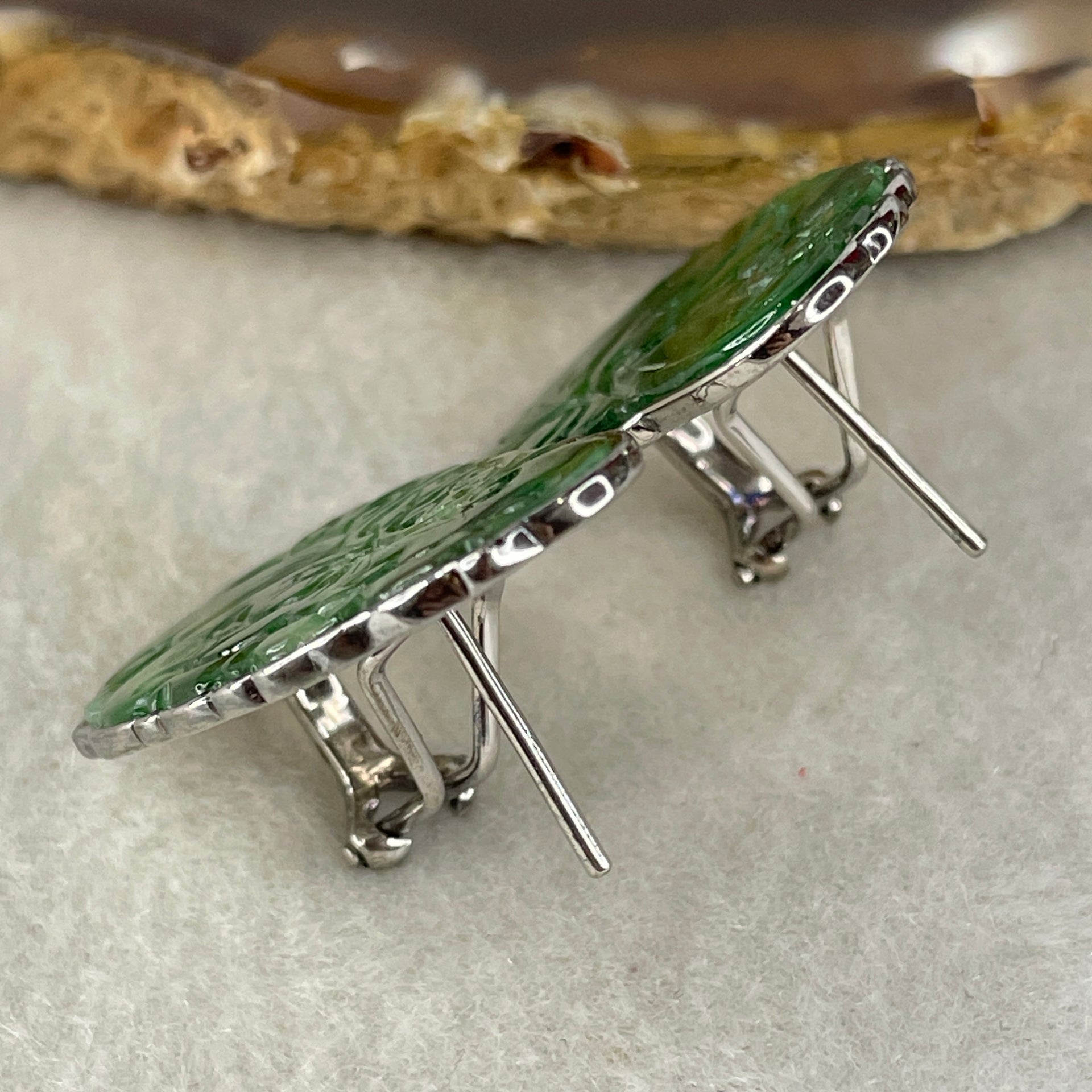 Antique Natural Type A Oldmine Spicy Green Jadeite Ruyi and Coin With S925 Sliver Earrings 10.16g 29.0 by 17.8 by 1.0mm - Huangs Jadeite and Jewelry Pte Ltd