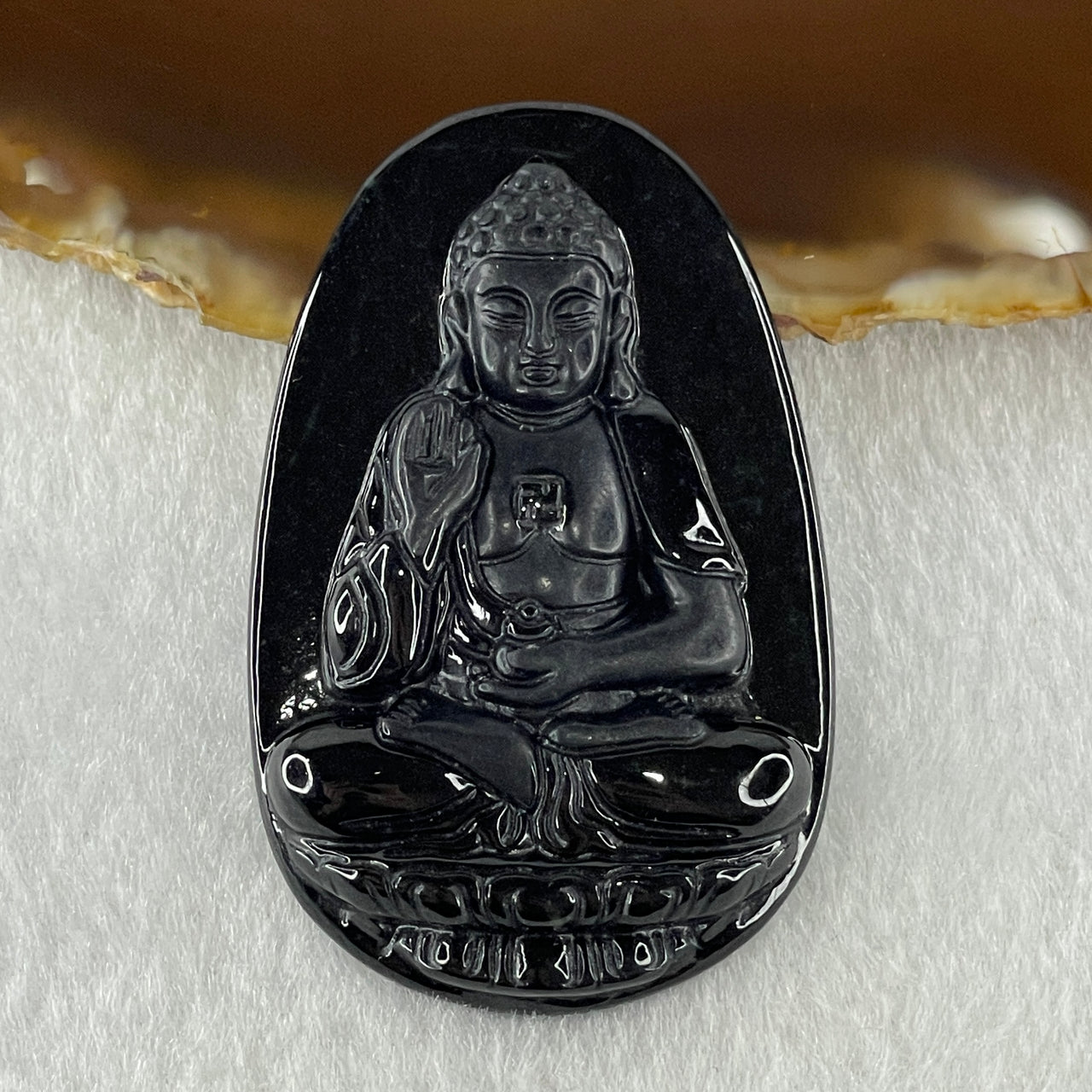 Type A Opaque to Partial Translucent Black Omphacite Jadeite Amitabha Buddha Pendant Dog and Boar Pig Zodiac Guardian 15.85g 51.9 by 33.2 by 7.6mm - Huangs Jadeite and Jewelry Pte Ltd