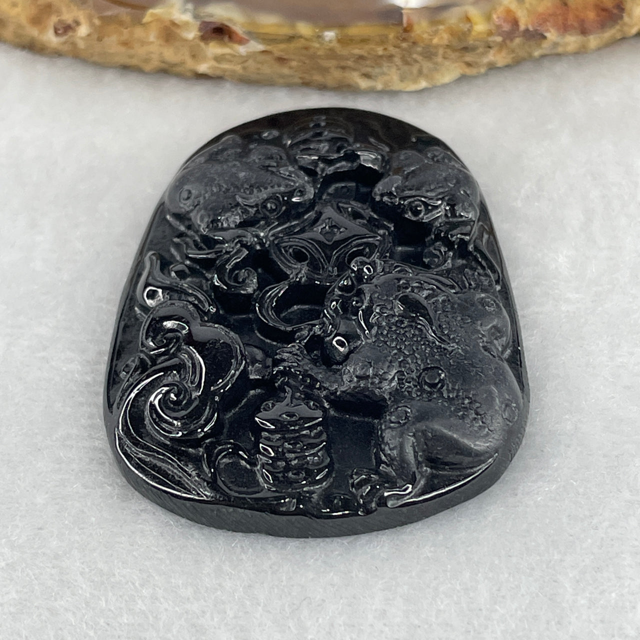 Certified Type A Opaque Black Omphacite Jadeite Three-Legged Money Toad (Chan Chu) Pendant with Coins and Ruyi | Wealth Attractor & Wishes Granted Talisman (21.00g | 51.4 x 34.8 x 8.5mm)