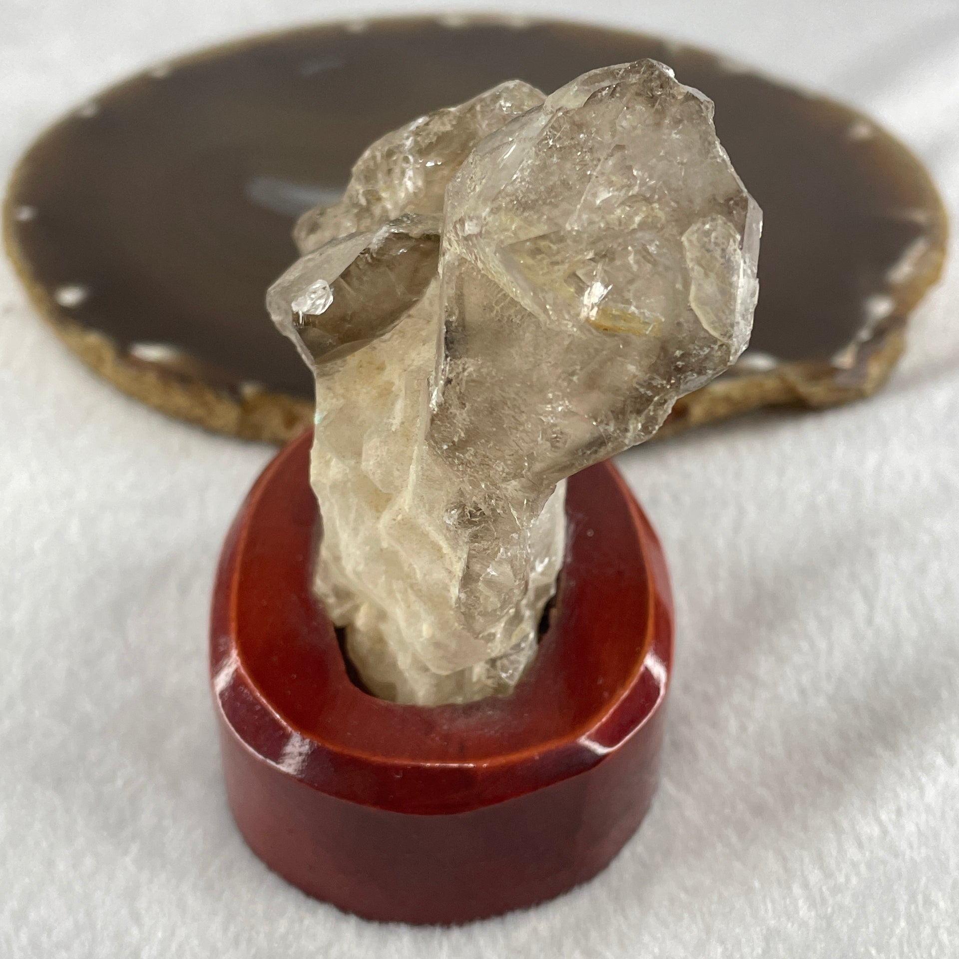 Natural Smoky Quartz Rough Irregular Shape Display in Wooden Stand 209.9g 72.0 by 52.4 by 85.7mm - Huangs Jadeite and Jewelry Pte Ltd