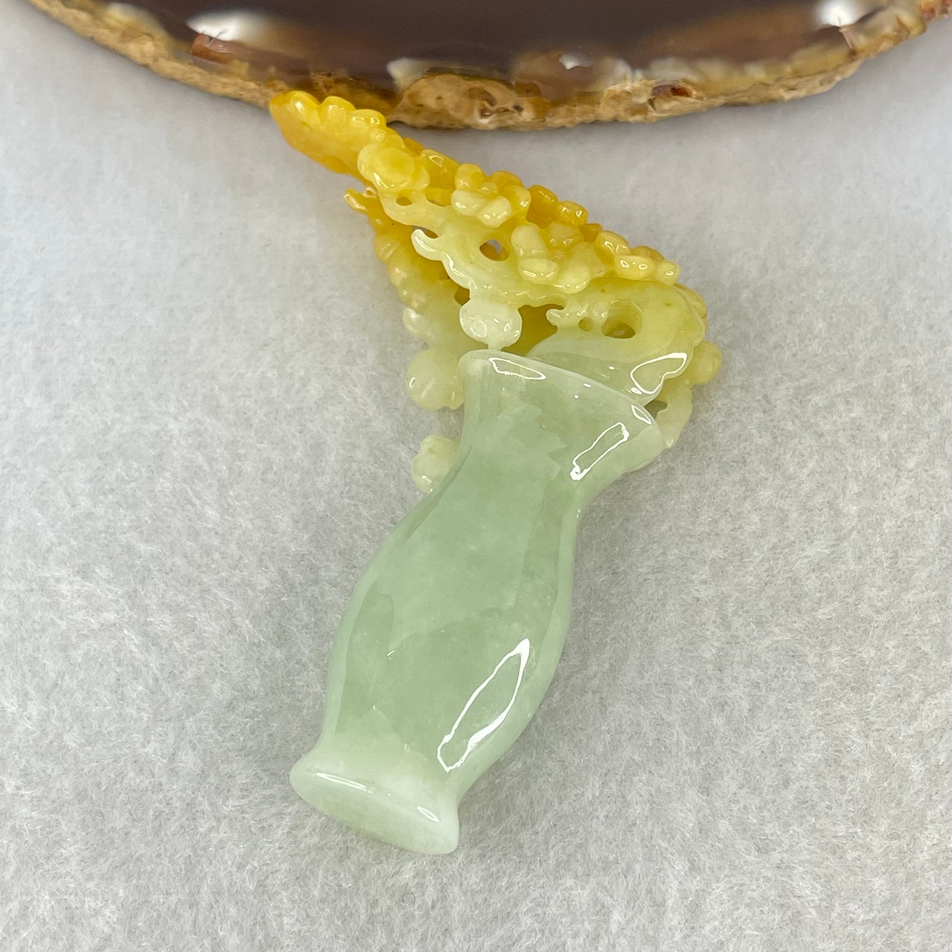 Type A Light Green with Yellow Jadeite Vase with Prosperity Flowers Pendant / Display 28.78g 59.0 by 49.7 by 14.1mm with Wooden Stand - Huangs Jadeite and Jewelry Pte Ltd