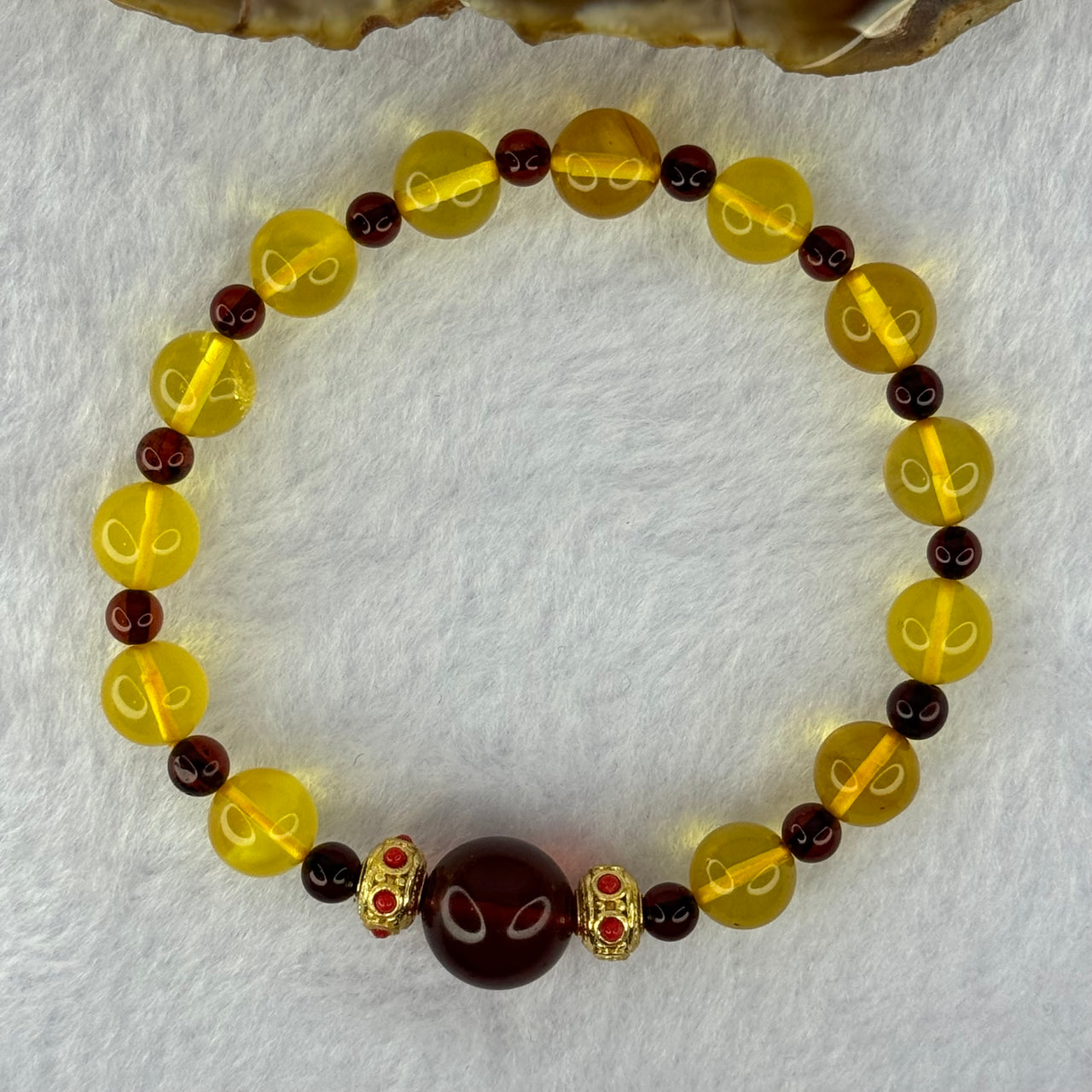 Natural Yellow Golden and Red Amber Beads Bracelet 7.24g 11.4mm 1 Bead 8.2mm 13 Beads - Huangs Jadeite and Jewelry Pte Ltd