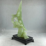 Natural Green Serpentine Twin Cranes on Mountain and Moon with Wooden Stand Display 804.7g H147.0 by B100.0 by H226.0mm - Huangs Jadeite and Jewelry Pte Ltd