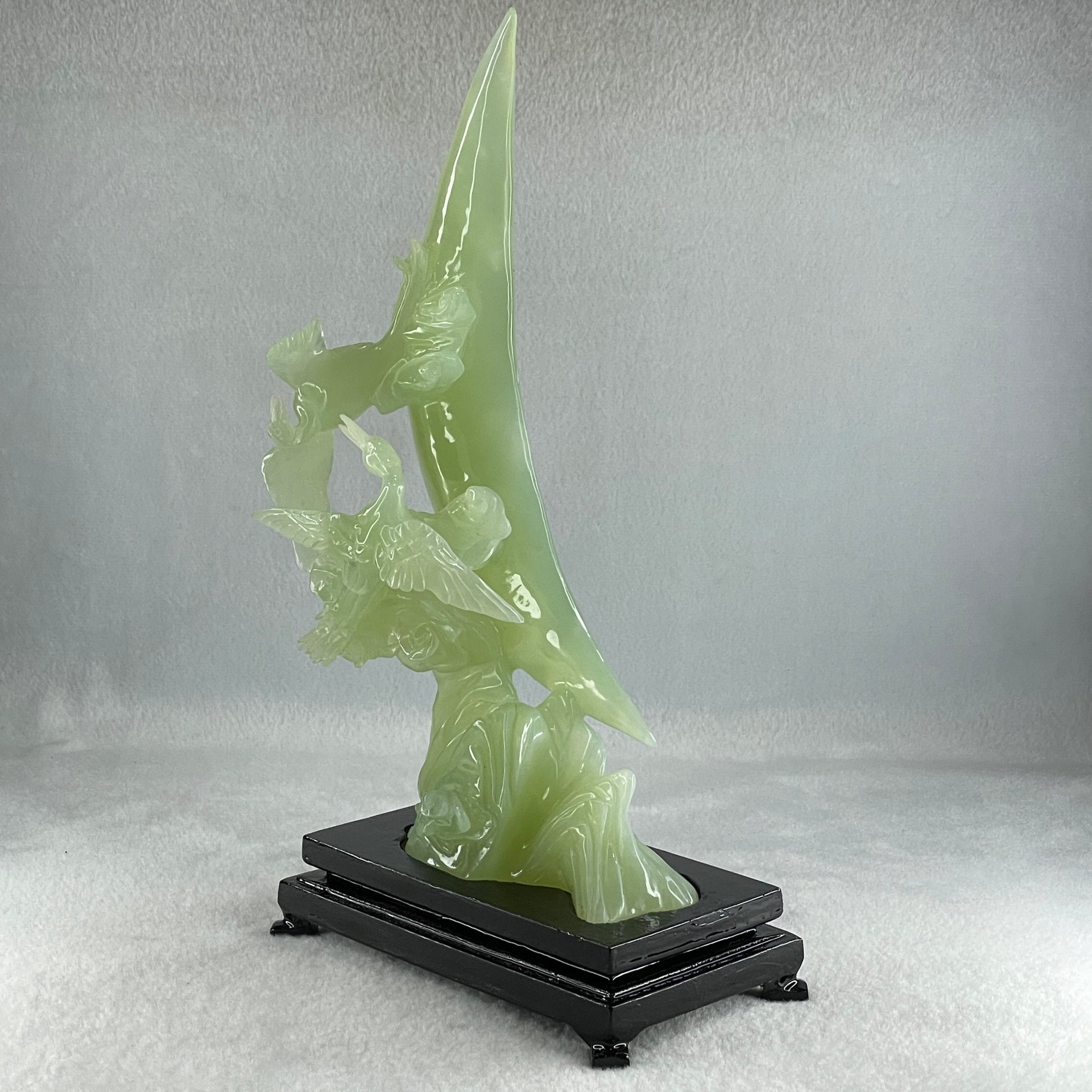 Natural Green Serpentine Twin Cranes on Mountain and Moon with Wooden Stand Display 804.7g H147.0 by B100.0 by H226.0mm - Huangs Jadeite and Jewelry Pte Ltd
