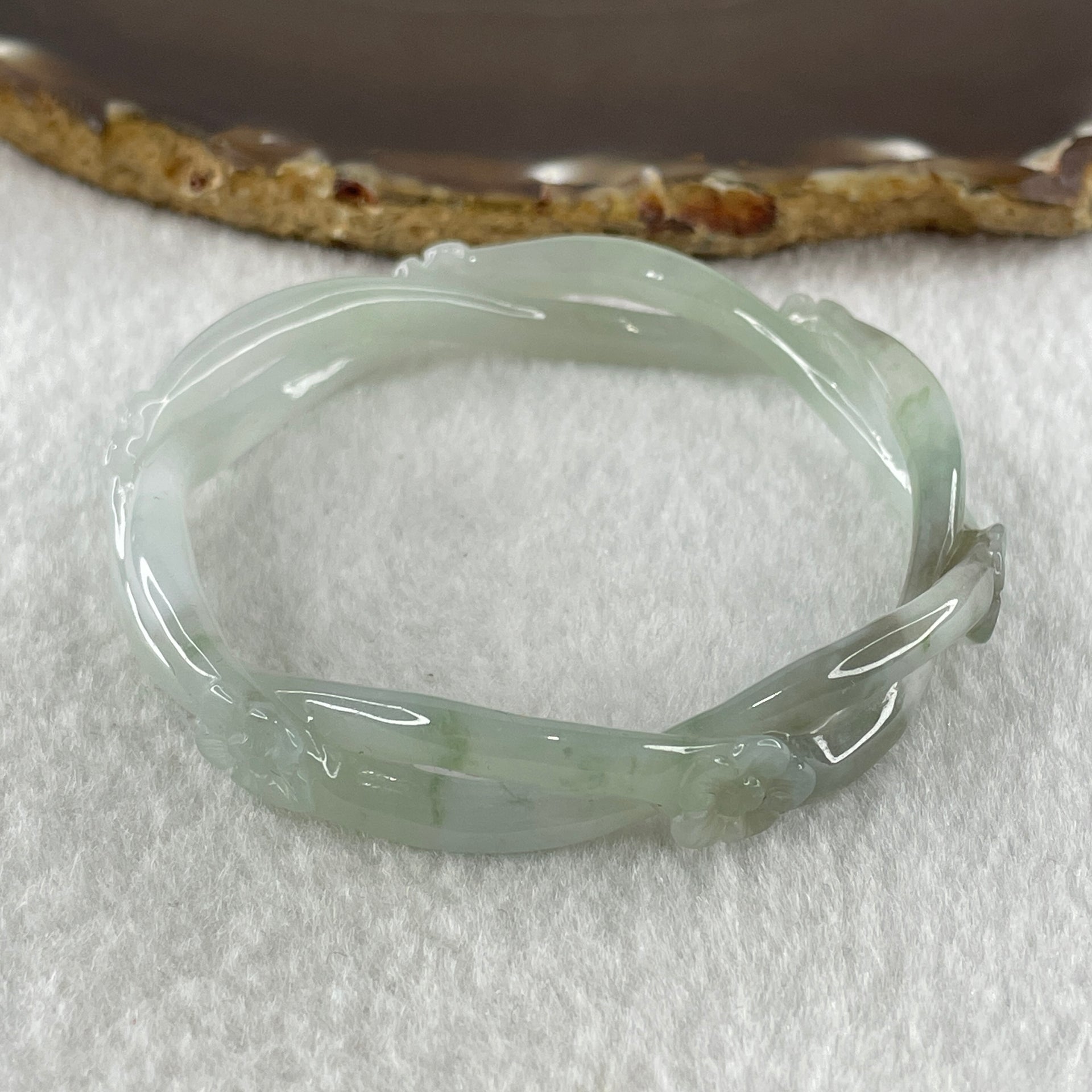 Type A Natural Semi Icy Light Green Jadeite Flowers Bangle 23.20g Inner Diameter 55.0mm 11.7 by 7.2mm (Very Very Slight Internal Line) - Huangs Jadeite and Jewelry Pte Ltd