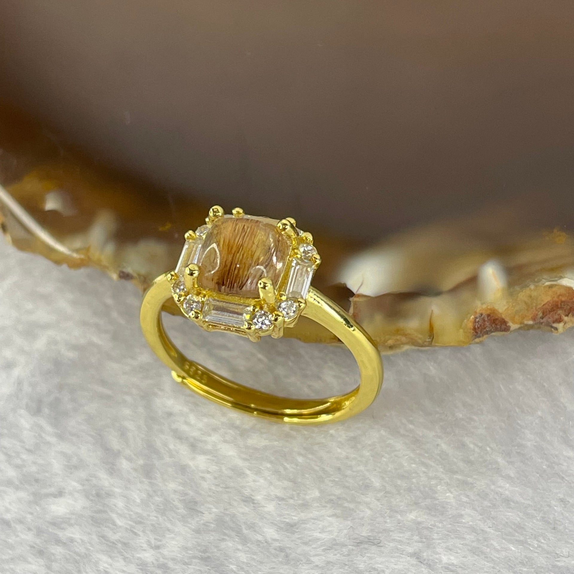 Natural Golden Rutilated Quartz in 925 Sliver Ring (Gold Color) 1.90g 5.8 by 3.5 mm Adjustable Size - Huangs Jadeite and Jewelry Pte Ltd