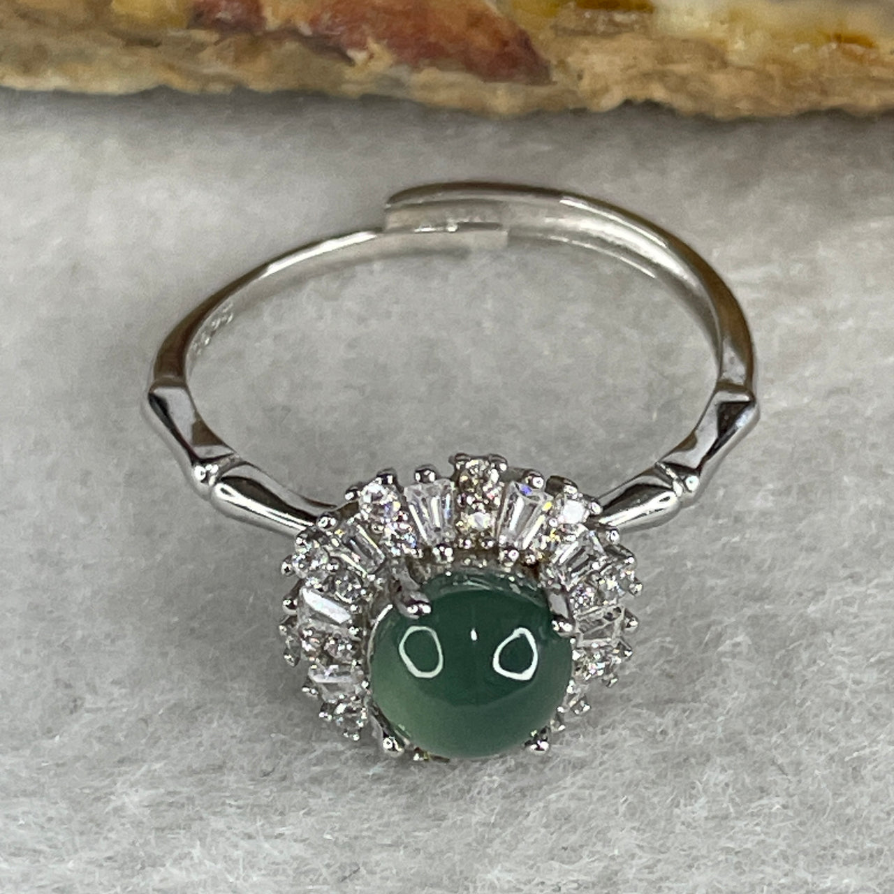 Type A Icy Light Blueish-Green Jadeite High-Dome Ring | Architectural Solid S925 Sterling Silver Bamboo Band | Adjustable Sizing | Imperial "Growth & Longevity" Statement Ring (2.47g 6.5x4.0mm)