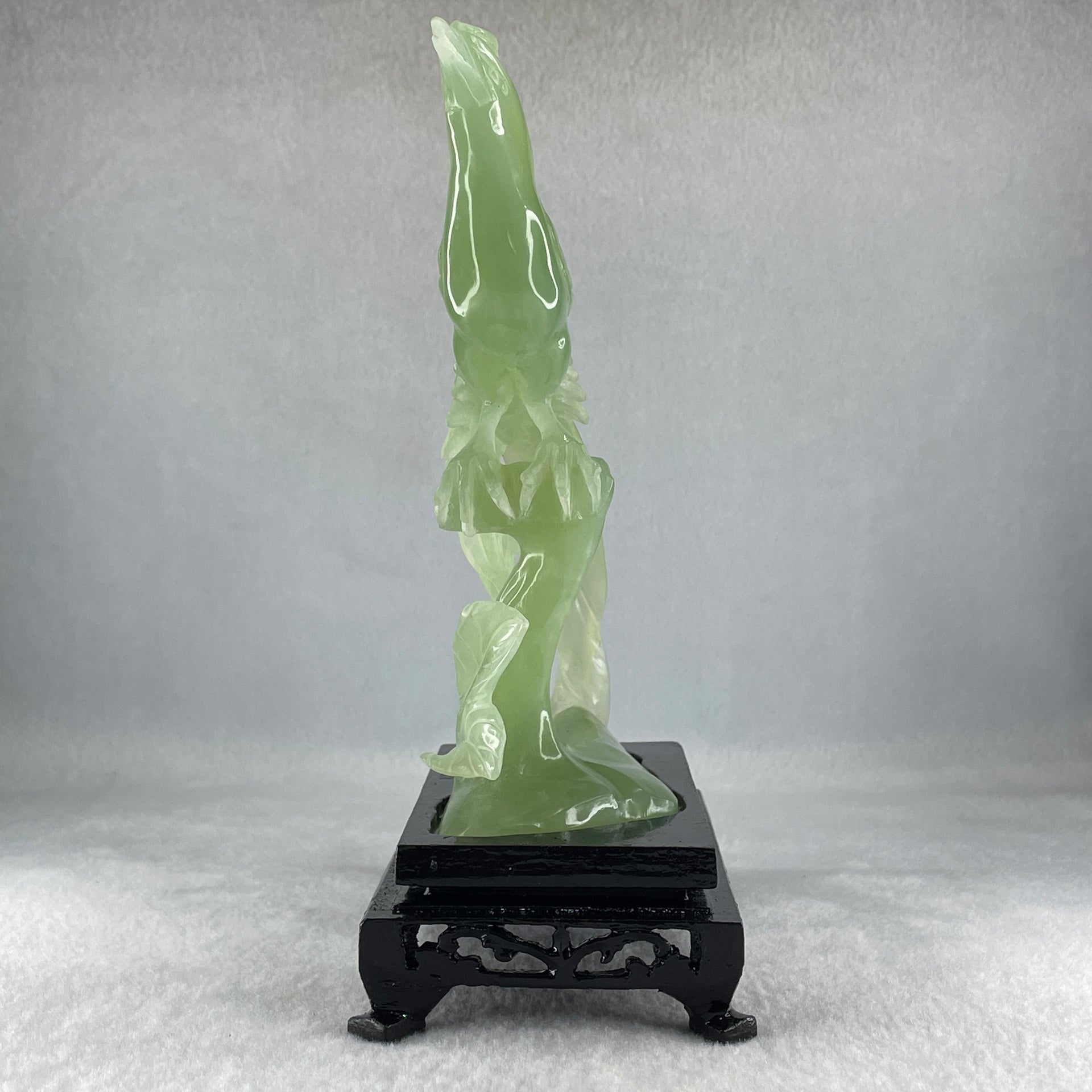 Natural Green Serpentine Phoenix Birds on Tree with Wooden Stand Display 366.6g 139.0 by 198.0 by 75.0mm - Huangs Jadeite and Jewelry Pte Ltd